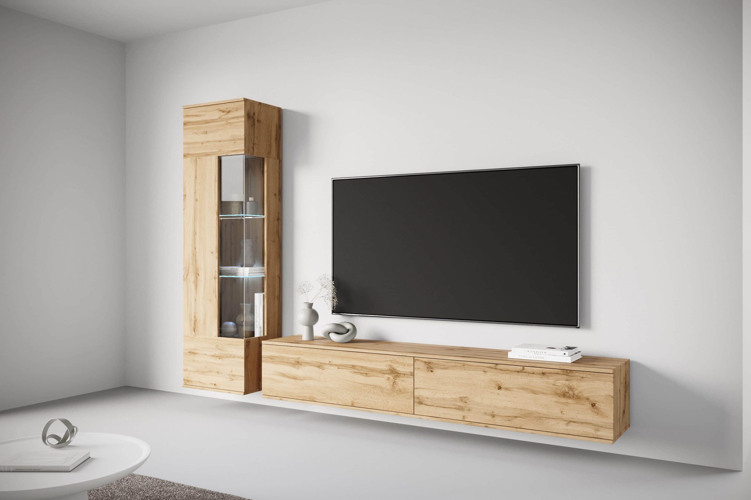INOSIGN Wohnwand »Kenia« Komplett-Set (2-teilig) mit Eckvitrine & Lowboard - hängend/stehend montierbar in grau oder beige | Hochglanz & Glasfronten eichefarbe Wohnwände INOSIGN