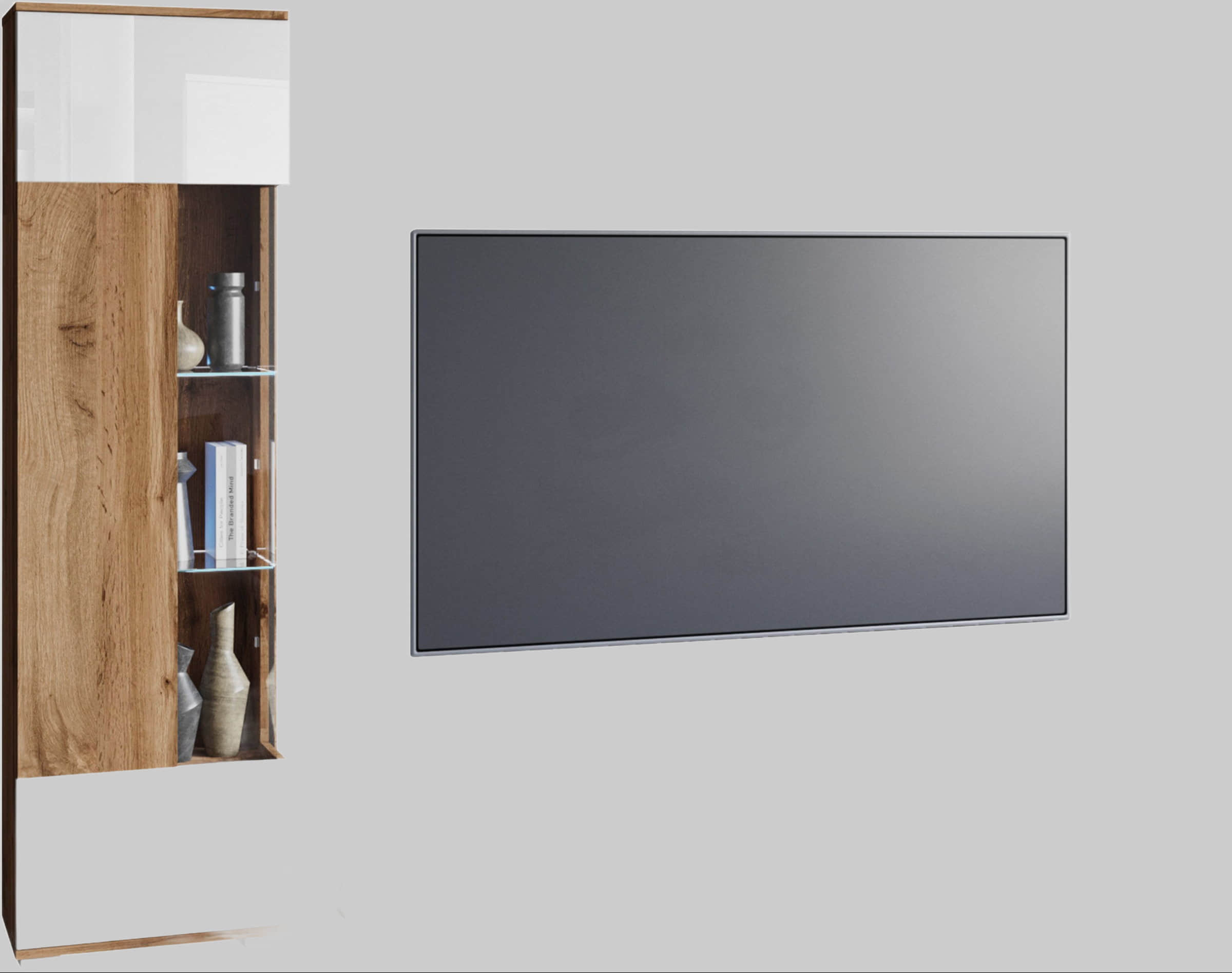 INOSIGN Wohnwand »Kenia« Komplett-Set (2-teilig) mit Eckvitrine & Lowboard - hängend/stehend montierbar in grau oder beige | Hochglanz & Glasfronten eichefarbe INOSIGN Wohnwände