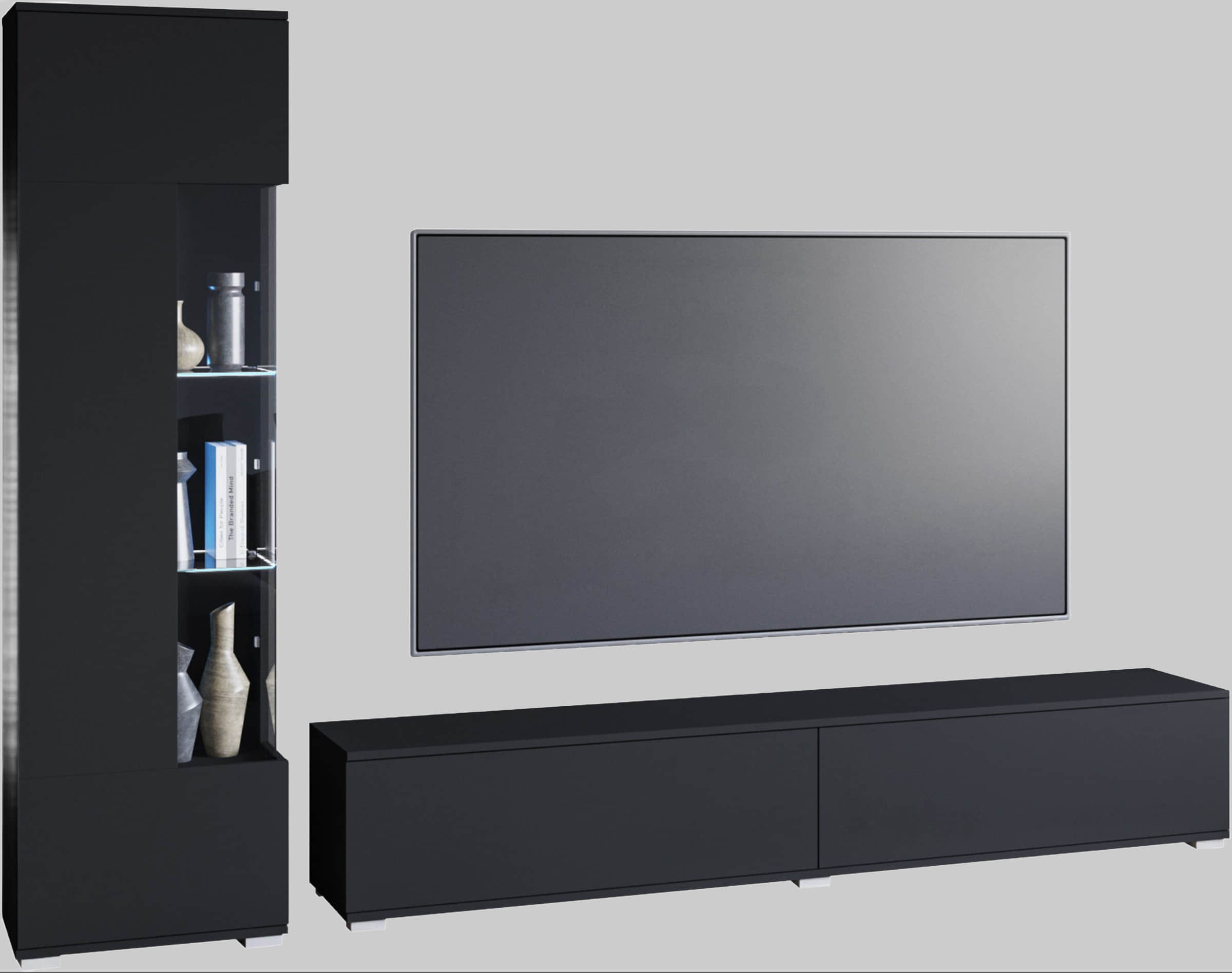 Wohnwände INOSIGN INOSIGN Wohnwand »Kenia« Komplett-Set (2-teilig) mit Eckvitrine & Lowboard - hängend/stehend montierbar in grau oder beige | Hochglanz & Glasfronten graphite s