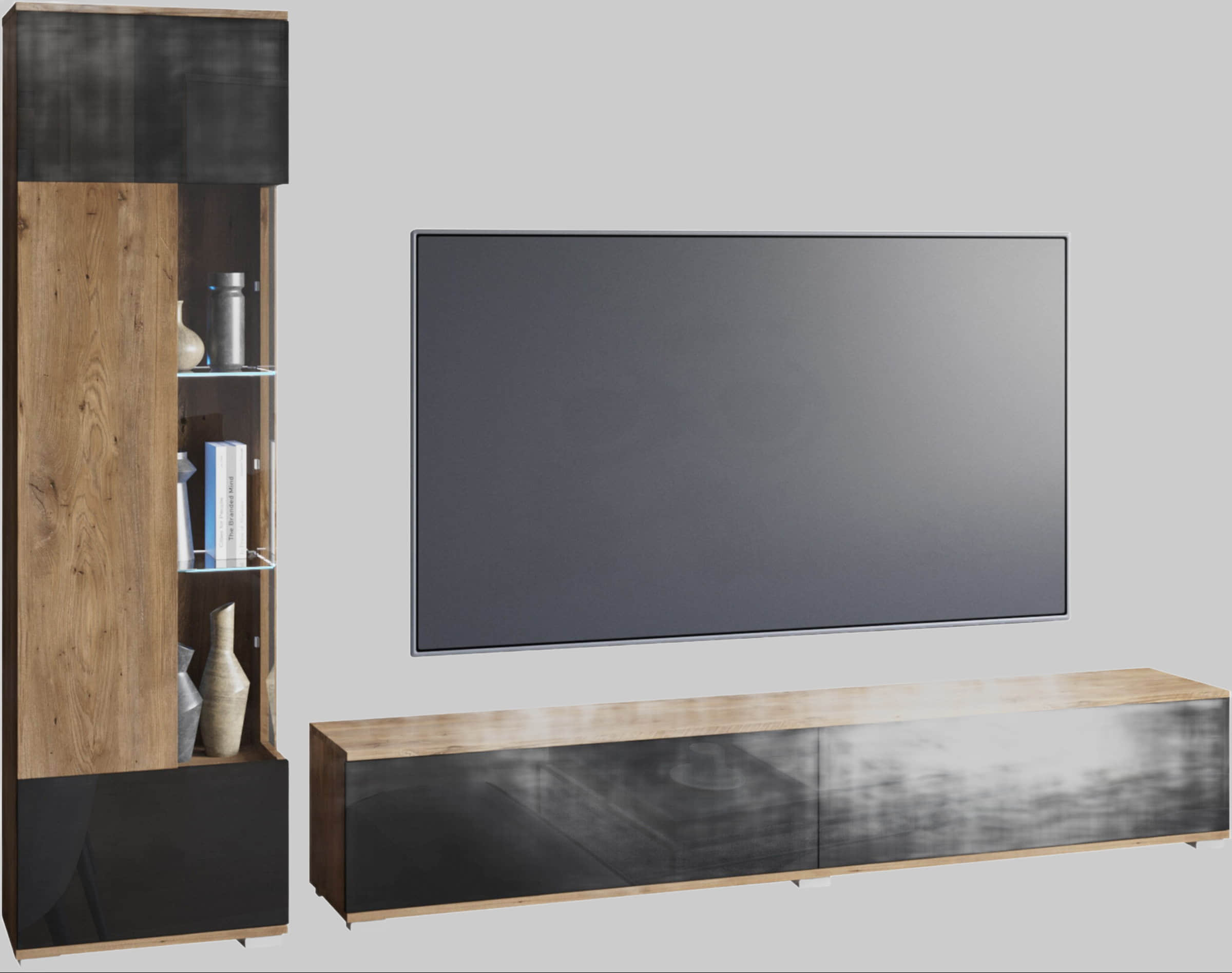 INOSIGN Wohnwand »Kenia« Komplett-Set (2-teilig) mit Eckvitrine & Lowboard - hängend/stehend montierbar in grau oder beige | Hochglanz & Glasfronten kastanie B INOSIGN Wohnwände