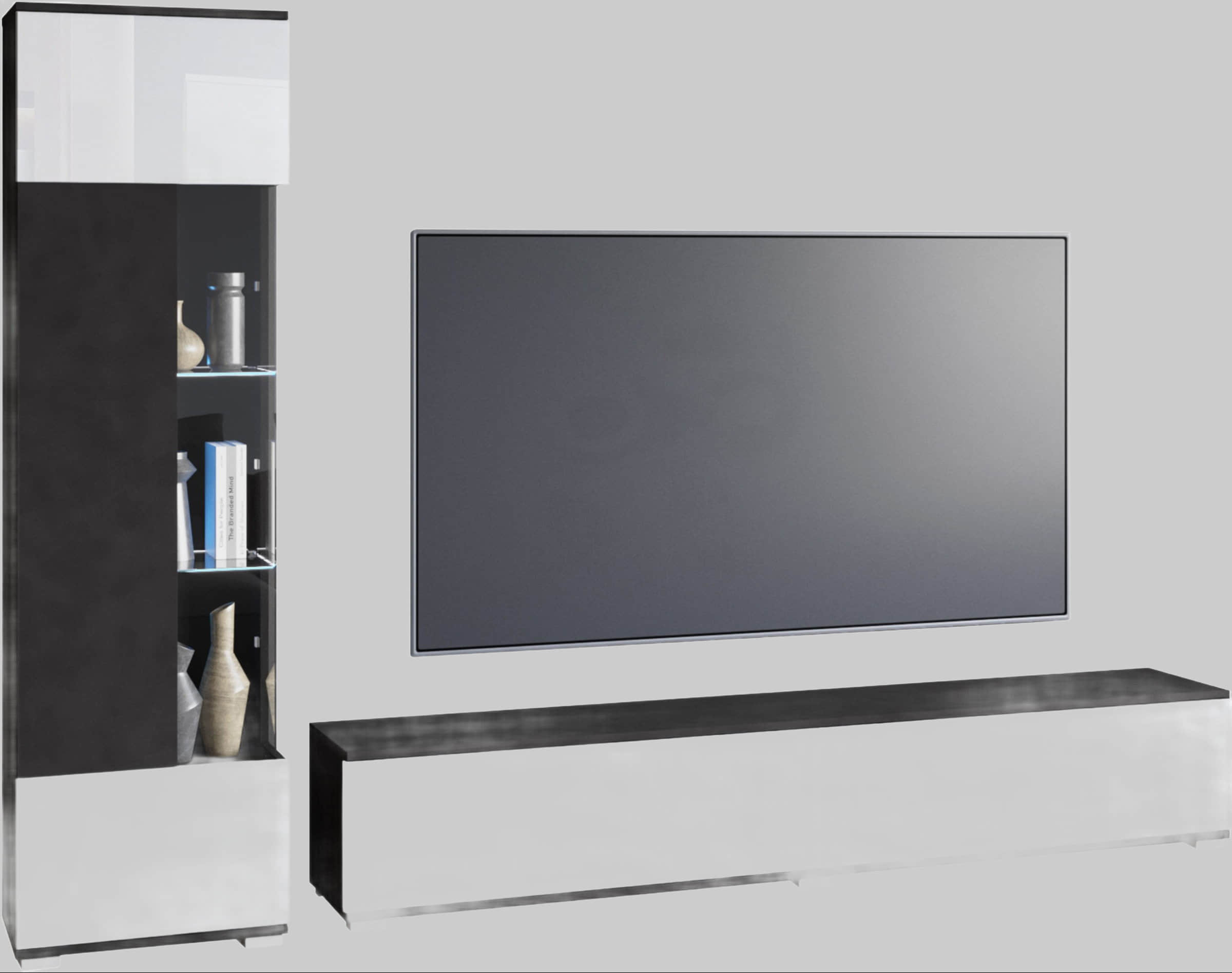 INOSIGN Wohnwände INOSIGN Wohnwand »Kenia« Komplett-Set (2-teilig) mit Eckvitrine & Lowboard - hängend/stehend montierbar in grau oder beige | Hochglanz & Glasfronten matera ant