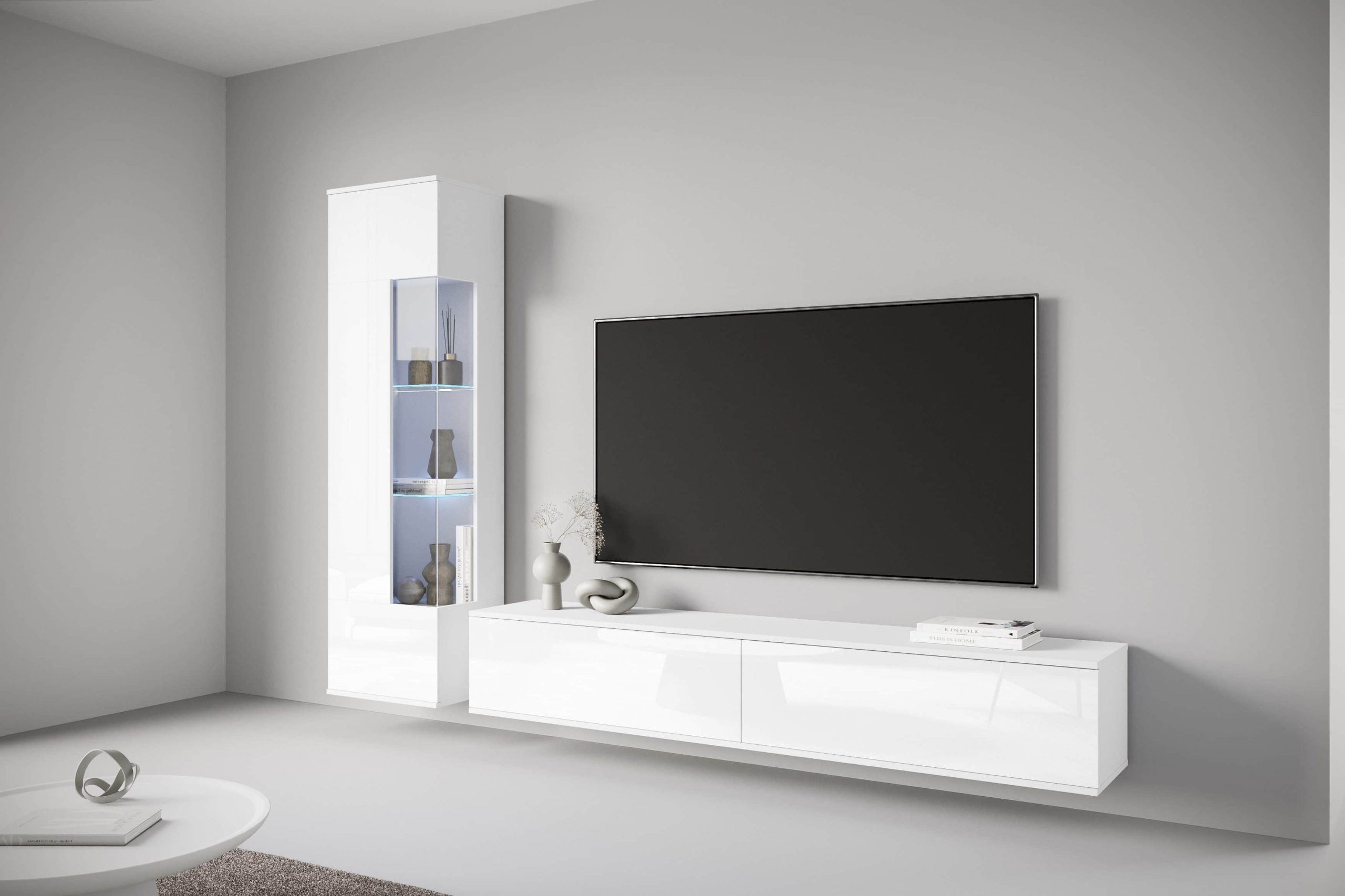 INOSIGN INOSIGN Wohnwand »Kenia« Komplett-Set (2-teilig) mit Eckvitrine & Lowboard - hängend/stehend montierbar in grau oder beige | Hochglanz & Glasfronten weiss /wei Wohnwände
