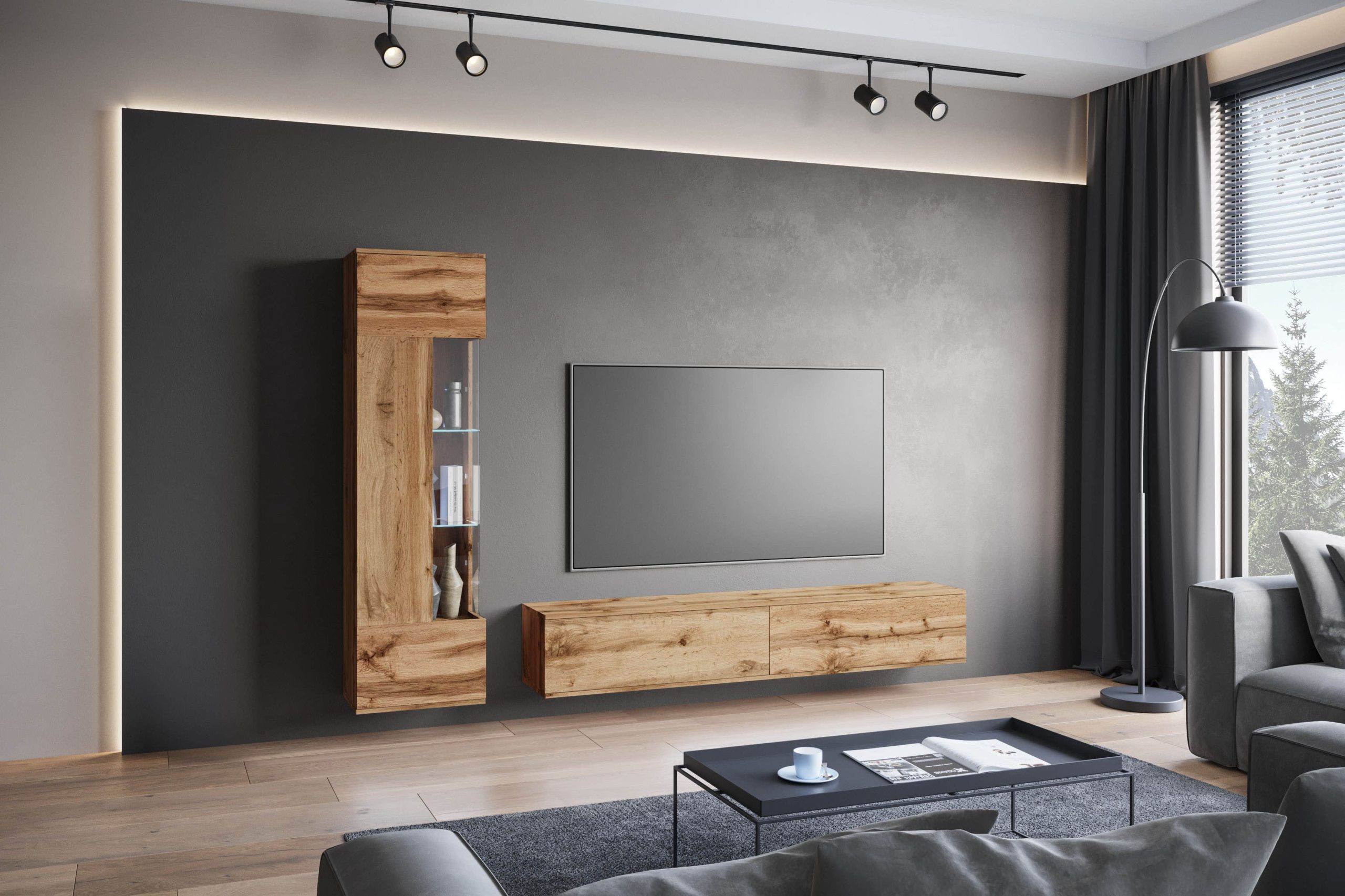 INOSIGN Wohnwand »Kenia« Komplett-Set (2-teilig) mit Eckvitrine & Lowboard - hängend/stehend montierbar in grau oder beige | Hochglanz & Glasfronten eichefarbe Wohnwände INOSIGN