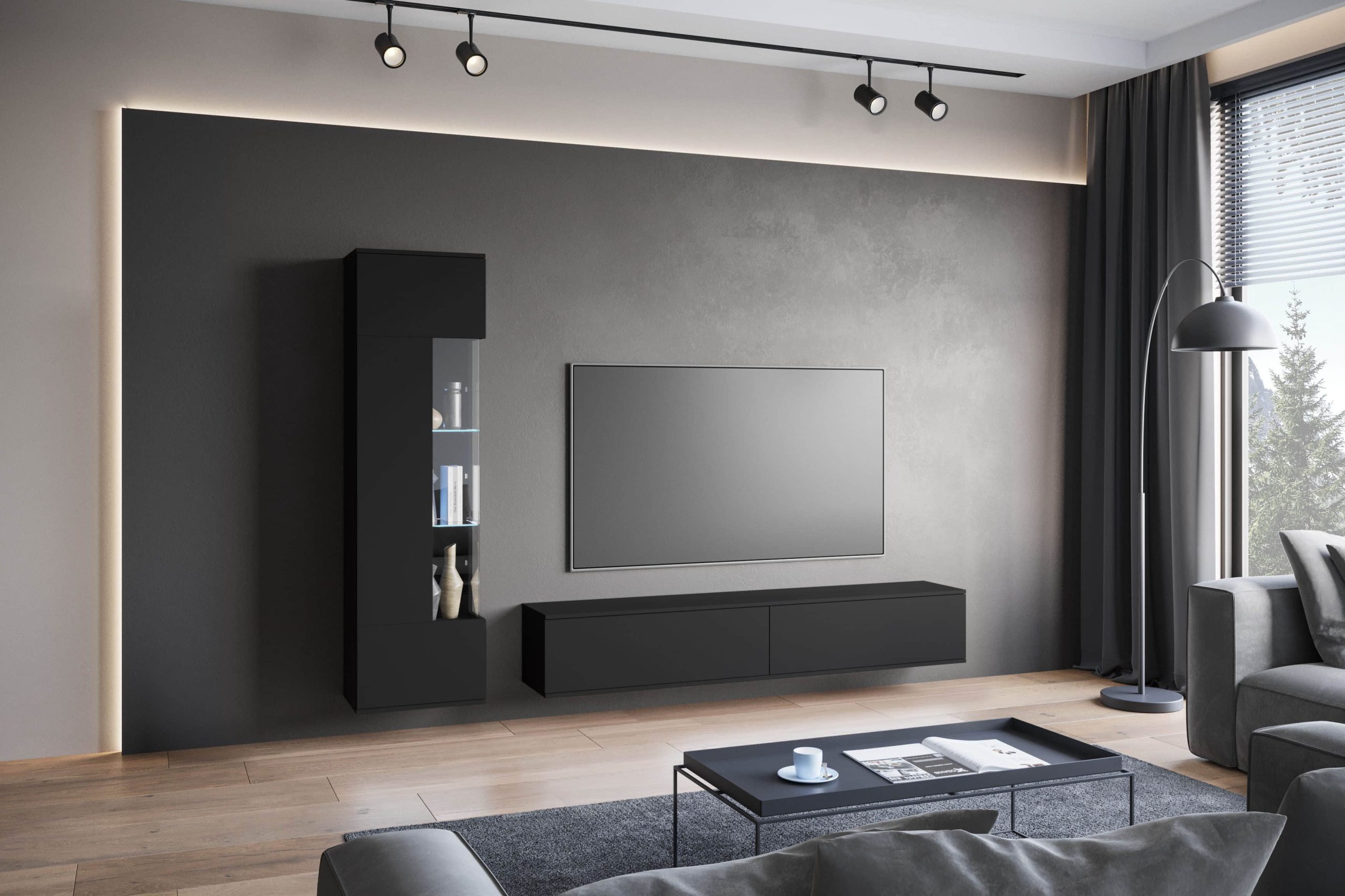 Wohnwände INOSIGN INOSIGN Wohnwand »Kenia« Komplett-Set (2-teilig) mit Eckvitrine & Lowboard - hängend/stehend montierbar in grau oder beige | Hochglanz & Glasfronten graphite s