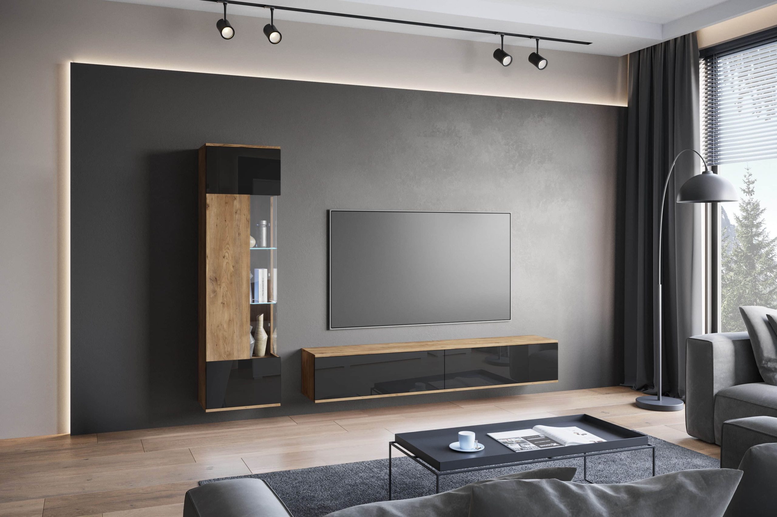 INOSIGN Wohnwand »Kenia« Komplett-Set (2-teilig) mit Eckvitrine & Lowboard - hängend/stehend montierbar in grau oder beige | Hochglanz & Glasfronten kastanie B INOSIGN Wohnwände
