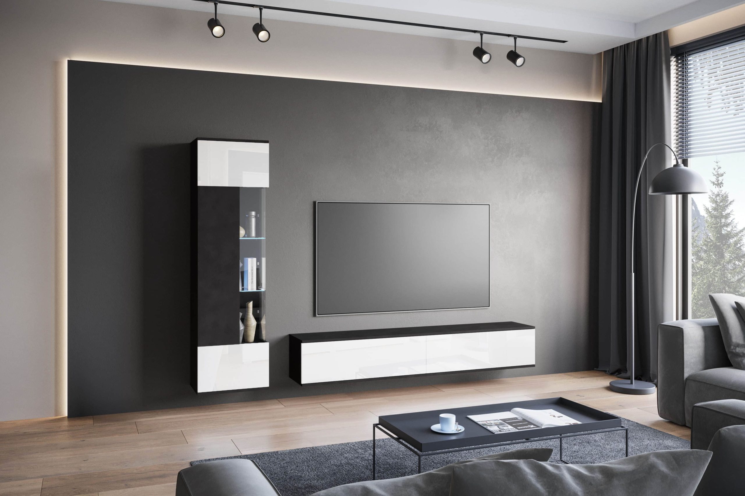 INOSIGN Wohnwände INOSIGN Wohnwand »Kenia« Komplett-Set (2-teilig) mit Eckvitrine & Lowboard - hängend/stehend montierbar in grau oder beige | Hochglanz & Glasfronten matera ant