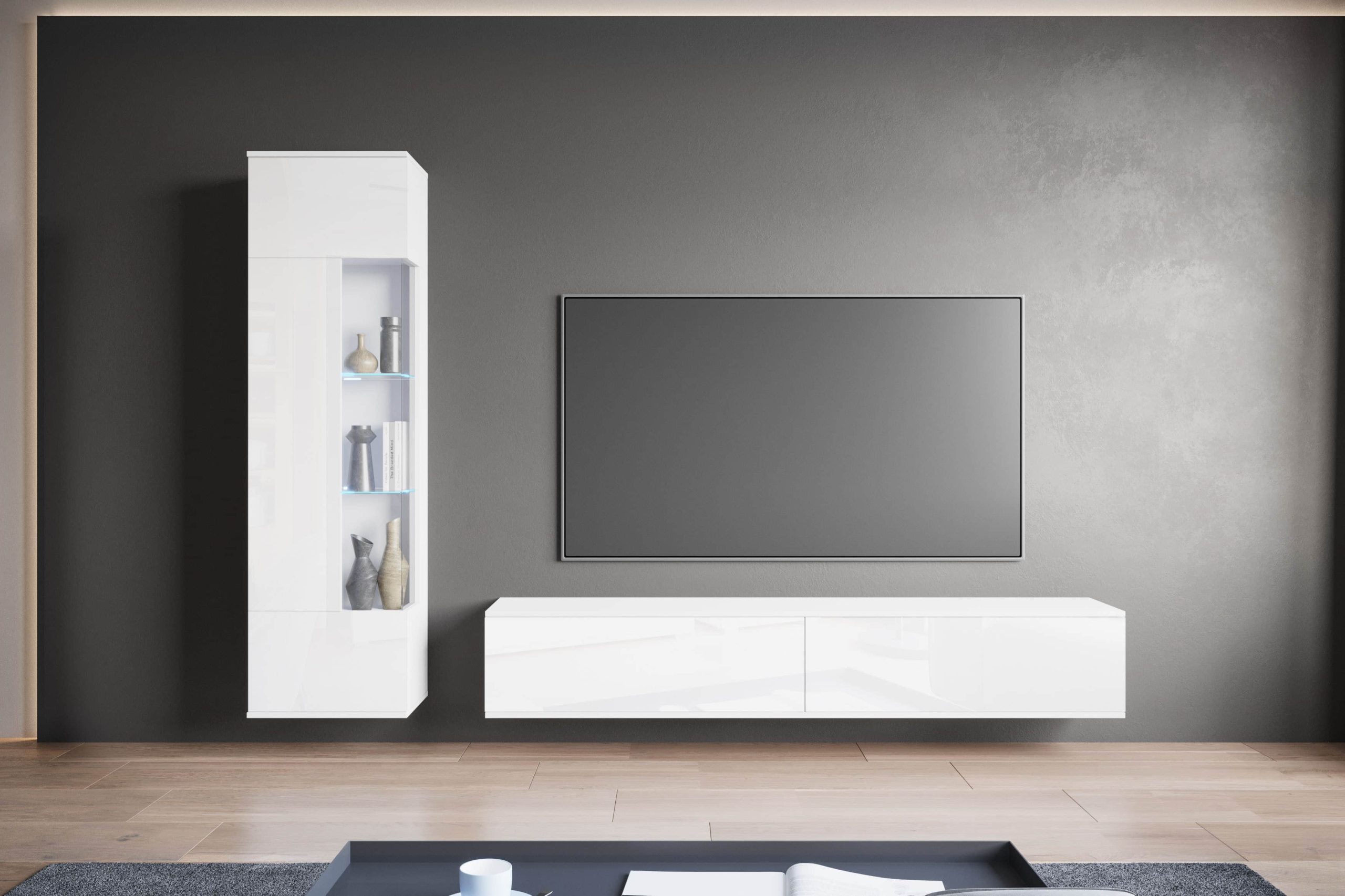INOSIGN INOSIGN Wohnwand »Kenia« Komplett-Set (2-teilig) mit Eckvitrine & Lowboard - hängend/stehend montierbar in grau oder beige | Hochglanz & Glasfronten weiss /wei Wohnwände