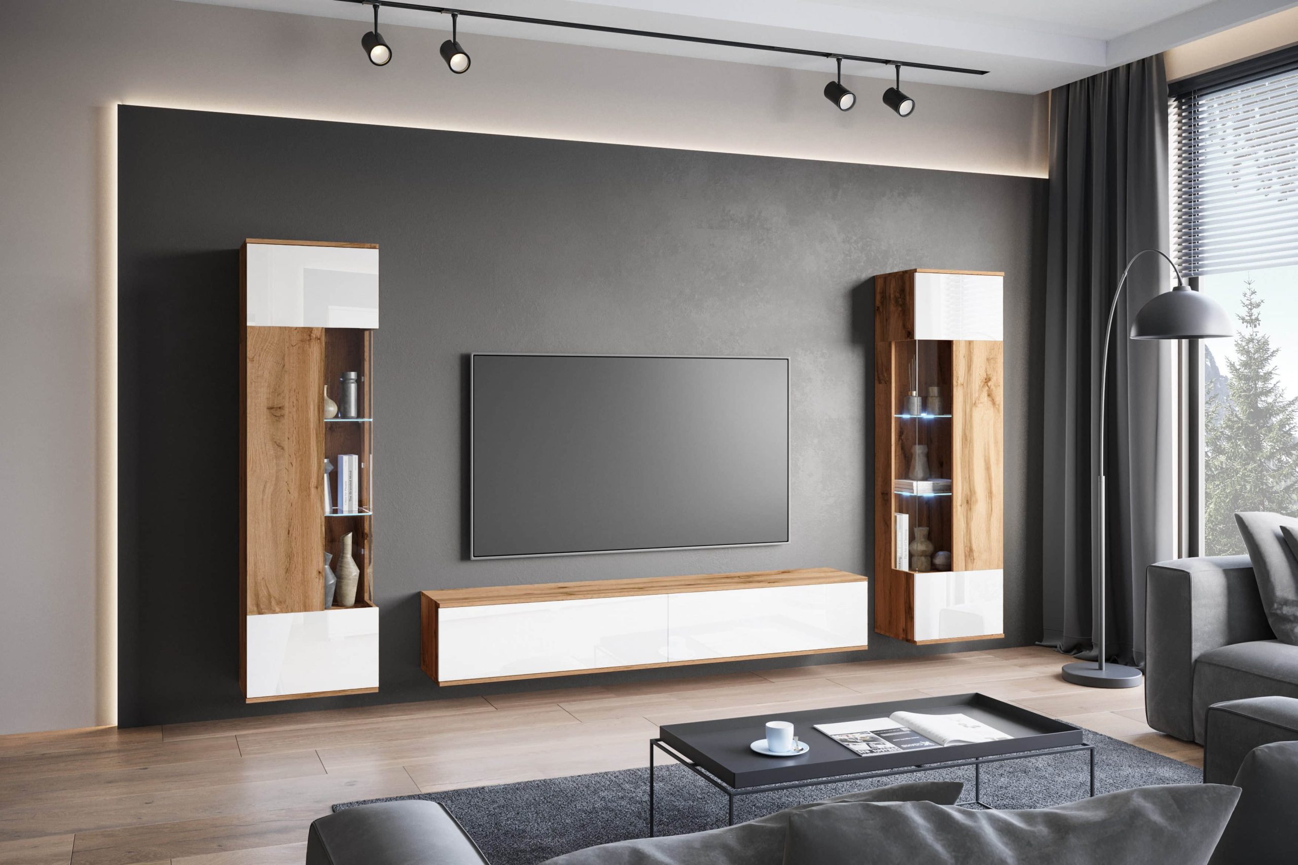 Wohnwände INOSIGN INOSIGN Wohnwand »Kenia« Komplett-Set (3-teilig) mit Eckvitrinen - Modernes Design, hängend/stehend montierbar, FSC®-zertifiziert eichefarbe