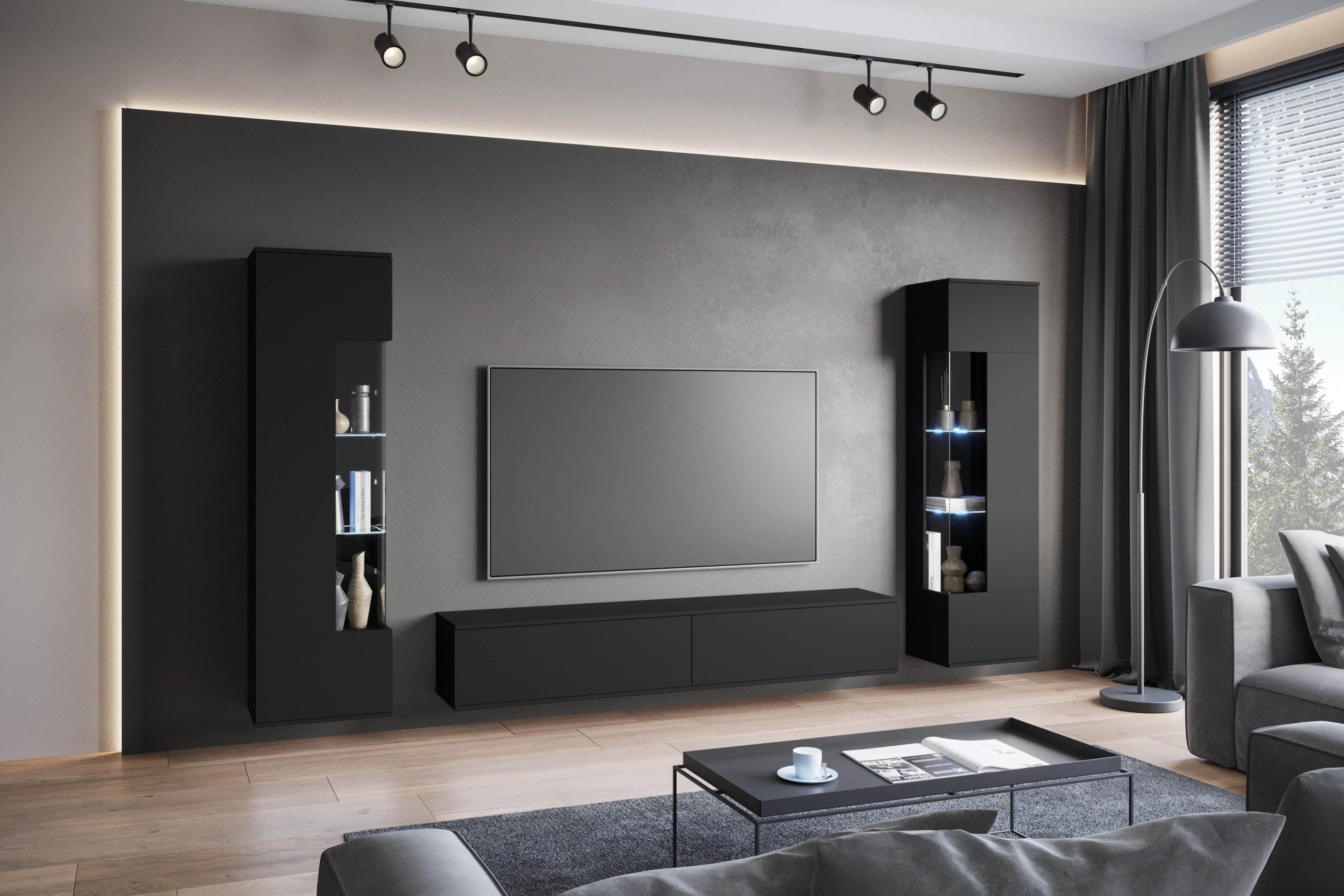 INOSIGN Wohnwände INOSIGN Wohnwand »Kenia« Komplett-Set (3-teilig) mit Eckvitrinen - Modernes Design, hängend/stehend montierbar, FSC®-zertifiziert graphite s