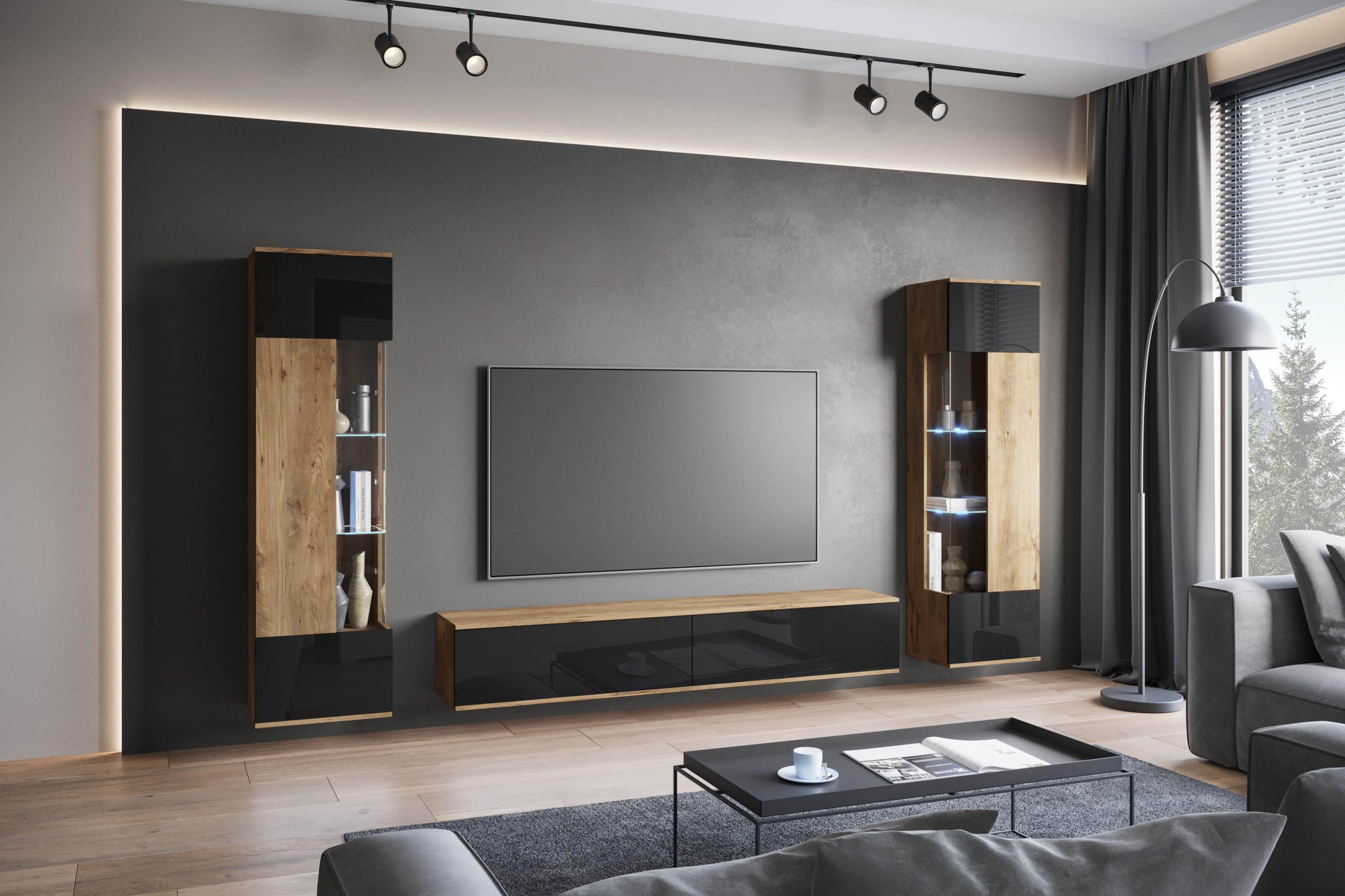 INOSIGN INOSIGN Wohnwand »Kenia« Komplett-Set (3-teilig) mit Eckvitrinen - Modernes Design, hängend/stehend montierbar, FSC®-zertifiziert kastanie B Wohnwände