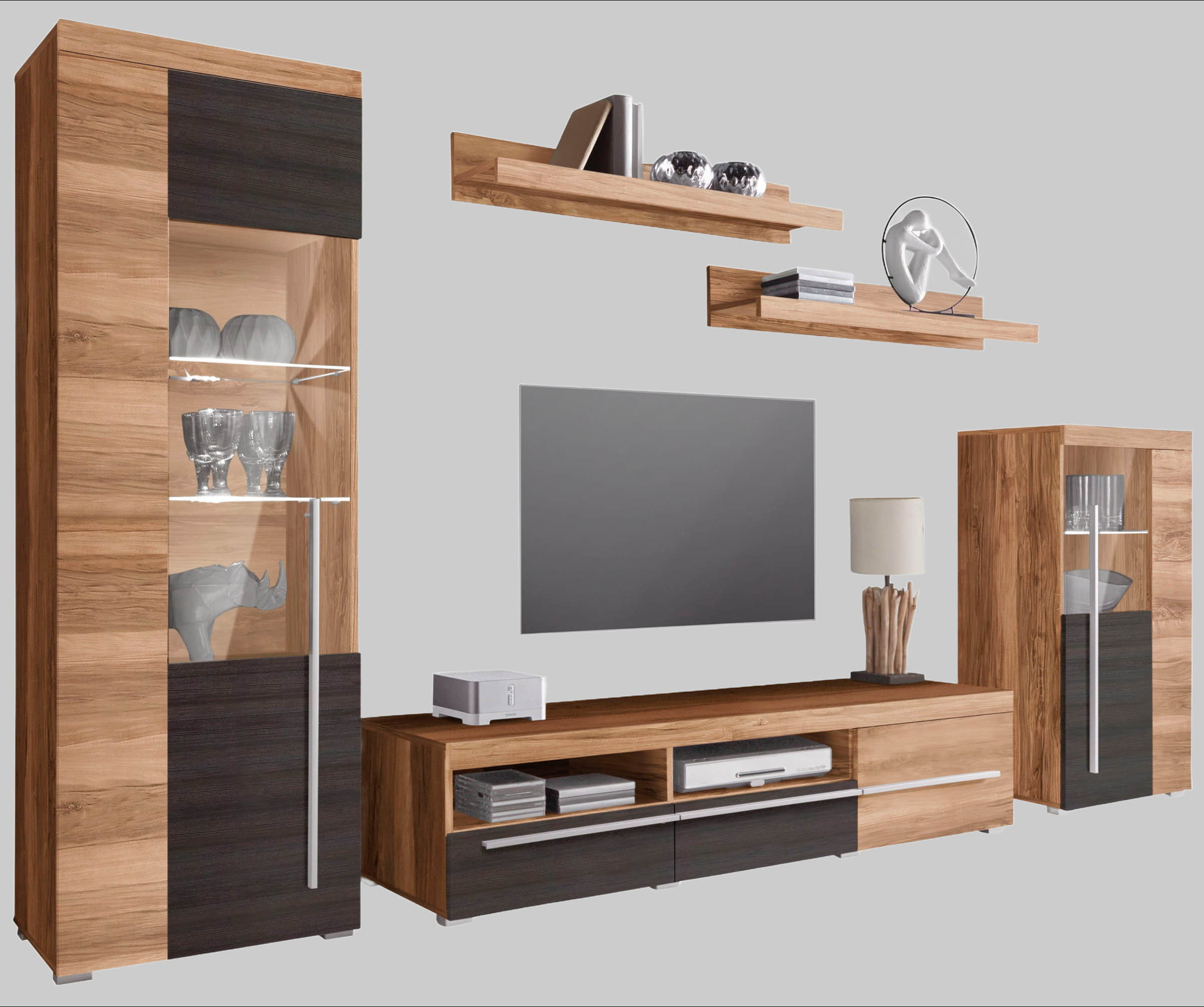 INOSIGN Wohnwände INOSIGN Wohnwand »Roger« 270 cm - Moderne 5-teilige Mediawand mit Glastüren & viel Stauraum | Hochwertige Anbauwand für Wohnzimmer Satin nuss