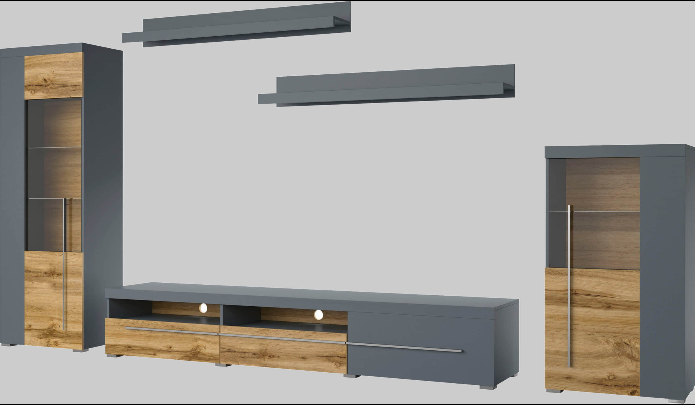 INOSIGN Wohnwände INOSIGN Wohnwand »Roger« 270 cm - Moderne 5-teilige Mediawand mit Glastüren & viel Stauraum | Hochwertige Anbauwand für Wohnzimmer grau matt/