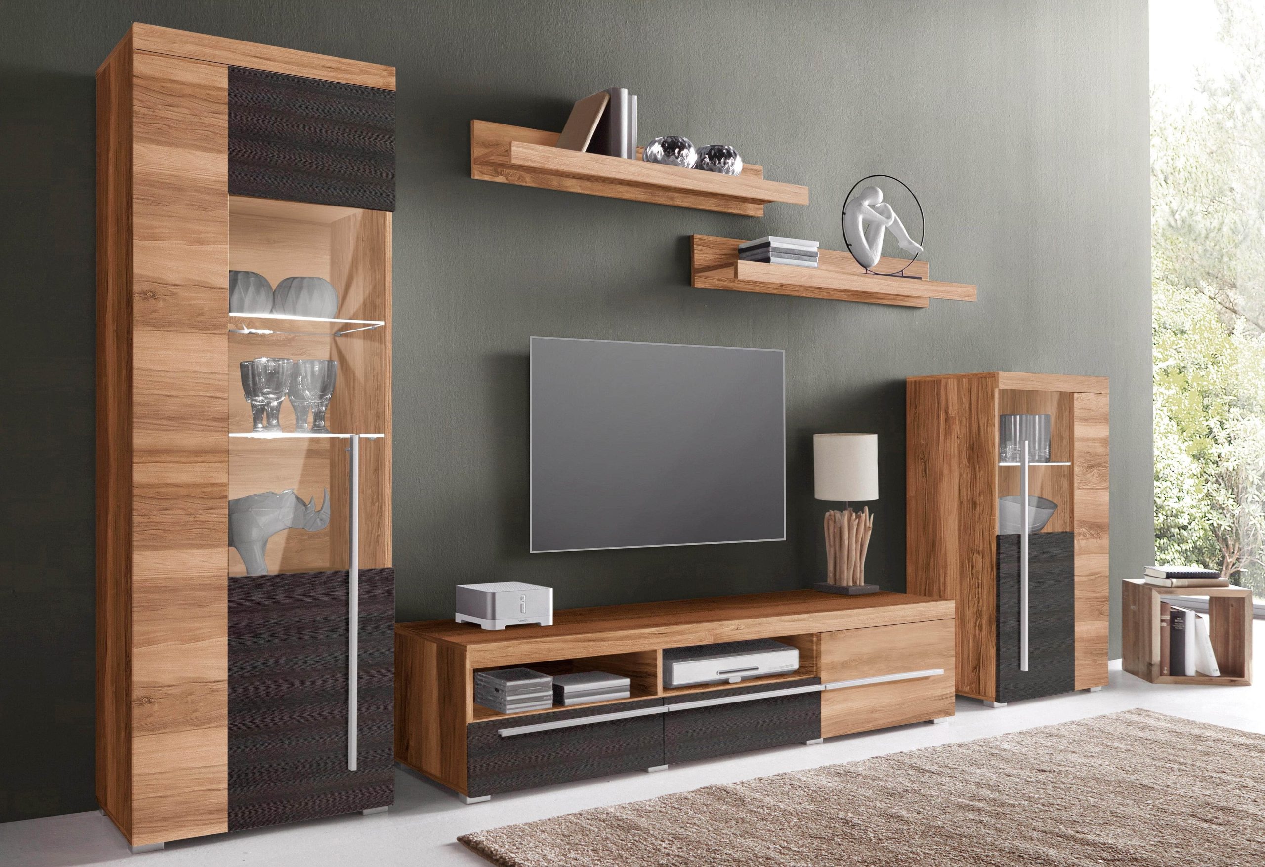 INOSIGN Wohnwände INOSIGN Wohnwand »Roger« 270 cm - Moderne 5-teilige Mediawand mit Glastüren & viel Stauraum | Hochwertige Anbauwand für Wohnzimmer Satin nuss