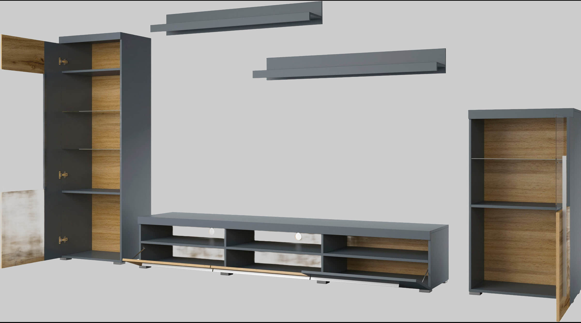INOSIGN Wohnwände INOSIGN Wohnwand »Roger« 270 cm - Moderne 5-teilige Mediawand mit Glastüren & viel Stauraum | Hochwertige Anbauwand für Wohnzimmer grau matt/