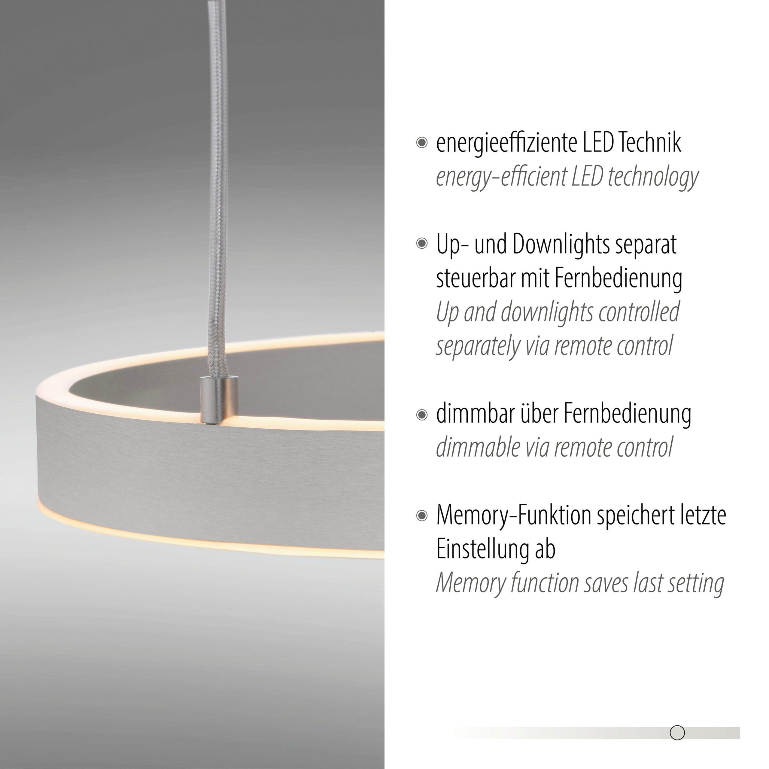 JUST LIGHT. Pendelleuchte LILLUTI LED dimmbar 3000K - 3 verstellbare Leuchtringe (30/40/50cm) mit separater Up/Down-Beleuchtung, Fernbedienung, 24W 230V, silber - Warmweiß dimmbar 2700K-5000K JUST LIGHT Lampen