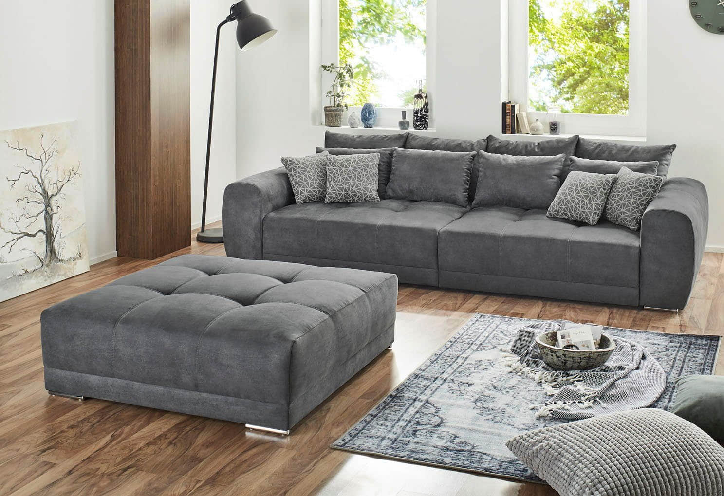 Jockenhu00F6fer Gruppe Hocker Jockenhöfer Gruppe Hocker 'Moldau' XXL (120x120cm) mit Steppungen - Hochwertiger Polsterhocker für Wohnzimmer & Flur dunkelgrau