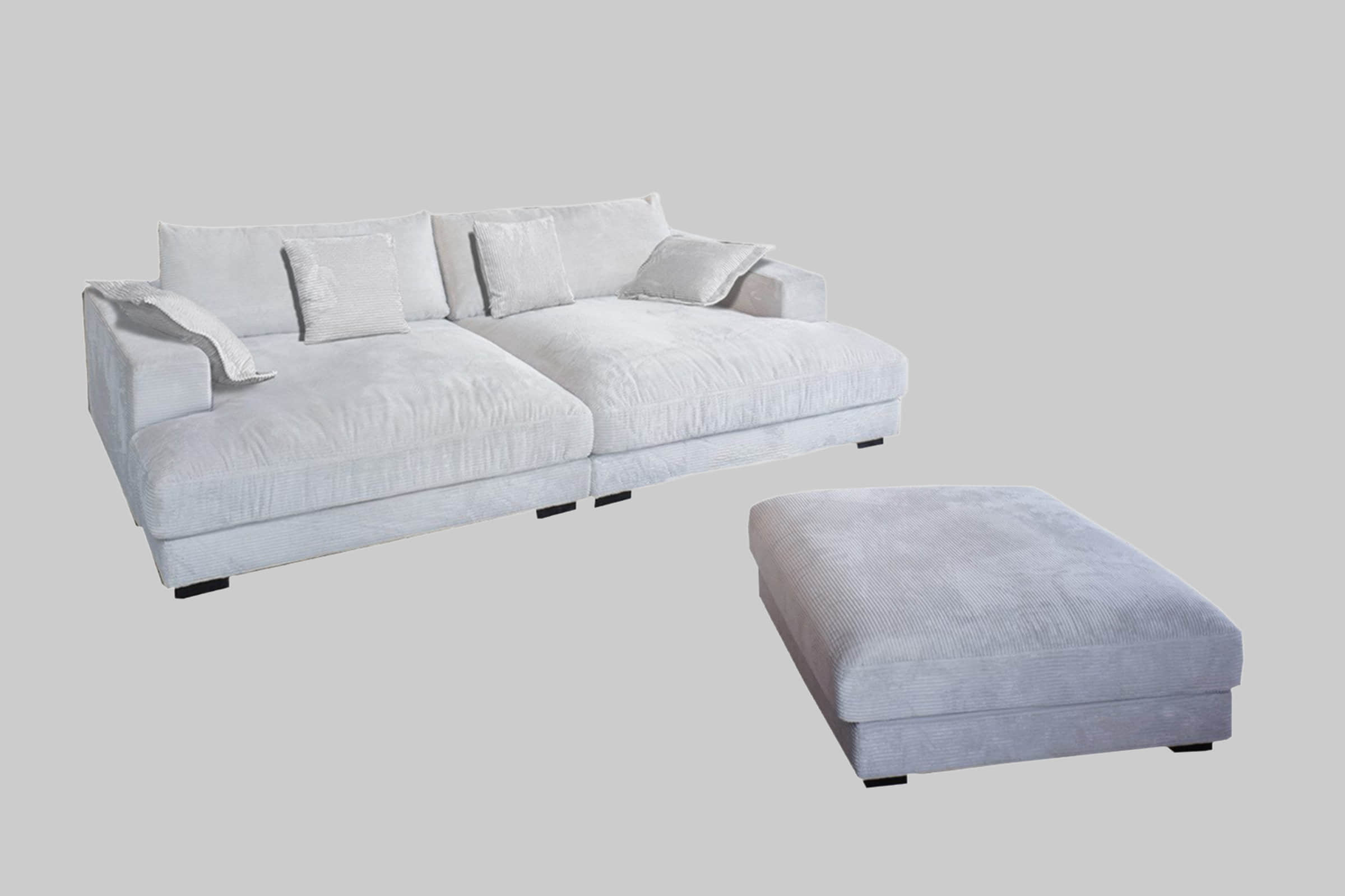 KAWOLA Sofas KAWOLA Big Sofa MADELINE Set mit Hocker & 4 Zierkissen | Cord-Bezug in verschiedenen Farben | 290x170 cm | Hochwertige Polsterung für maximalen Komfort cremeweiß