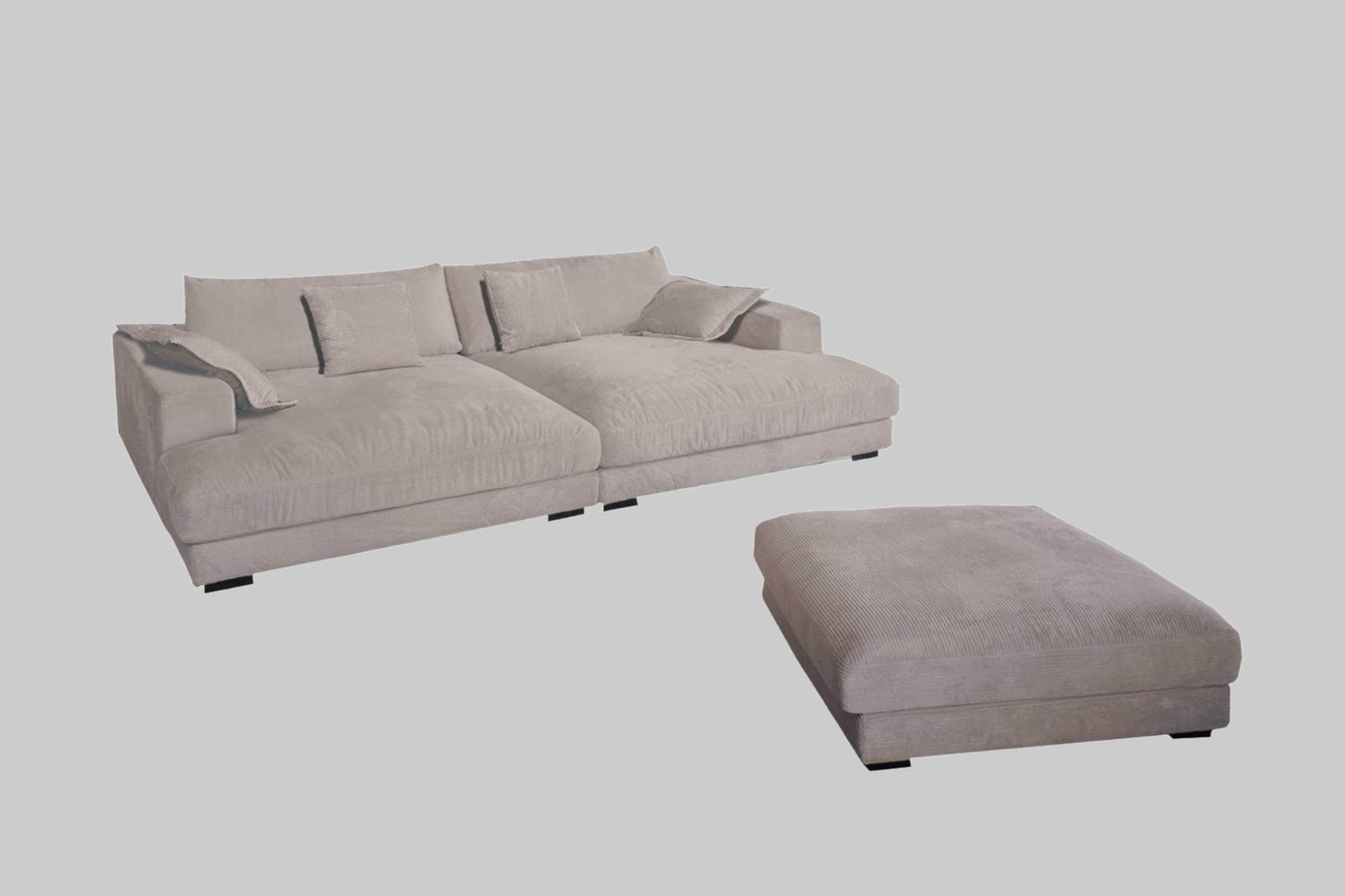 Sofas KAWOLA KAWOLA Big Sofa MADELINE Set mit Hocker & 4 Zierkissen | Cord-Bezug in verschiedenen Farben | 290x170 cm | Hochwertige Polsterung für maximalen Komfort taupe