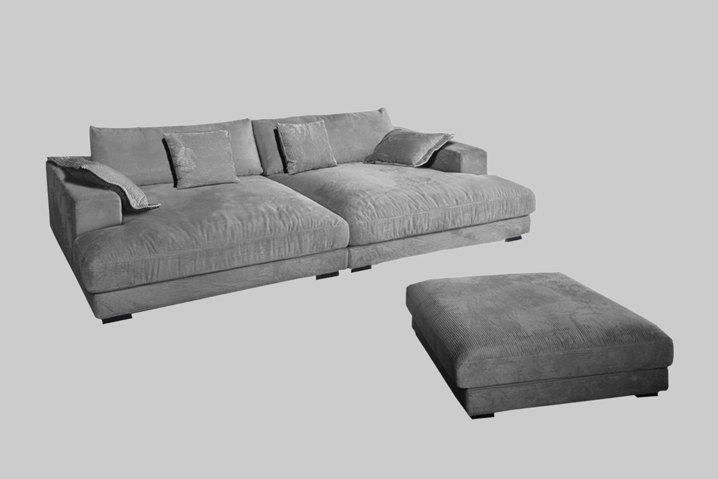 Sofas KAWOLA KAWOLA Big Sofa MADELINE Set mit Hocker & 4 Zierkissen | Cord-Bezug in verschiedenen Farben | 290x170 cm | Hochwertige Polsterung für maximalen Komfort grau