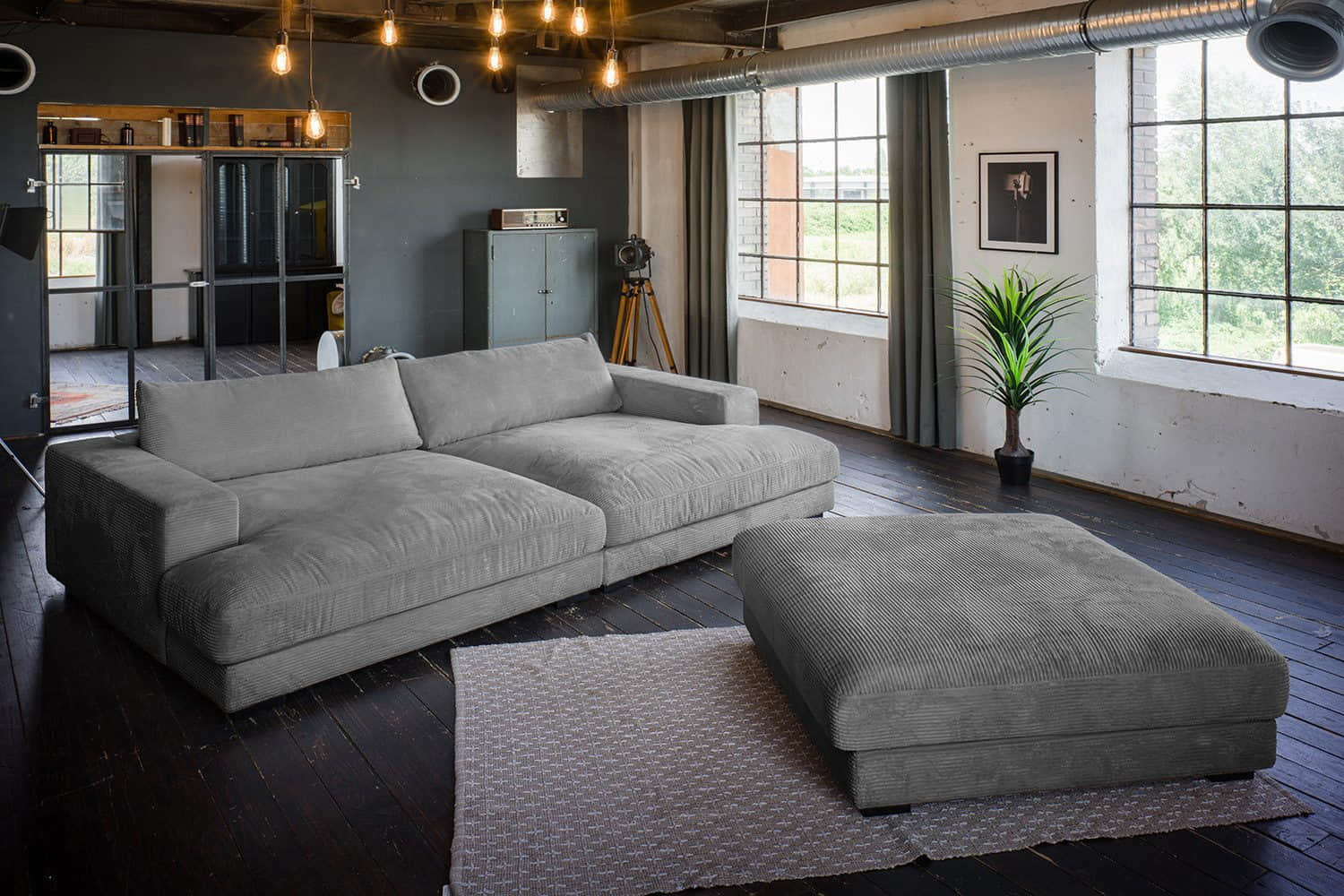 Sofas KAWOLA KAWOLA Big Sofa MADELINE Set mit Hocker & 4 Zierkissen | Cord-Bezug in verschiedenen Farben | 290x170 cm | Hochwertige Polsterung für maximalen Komfort grau