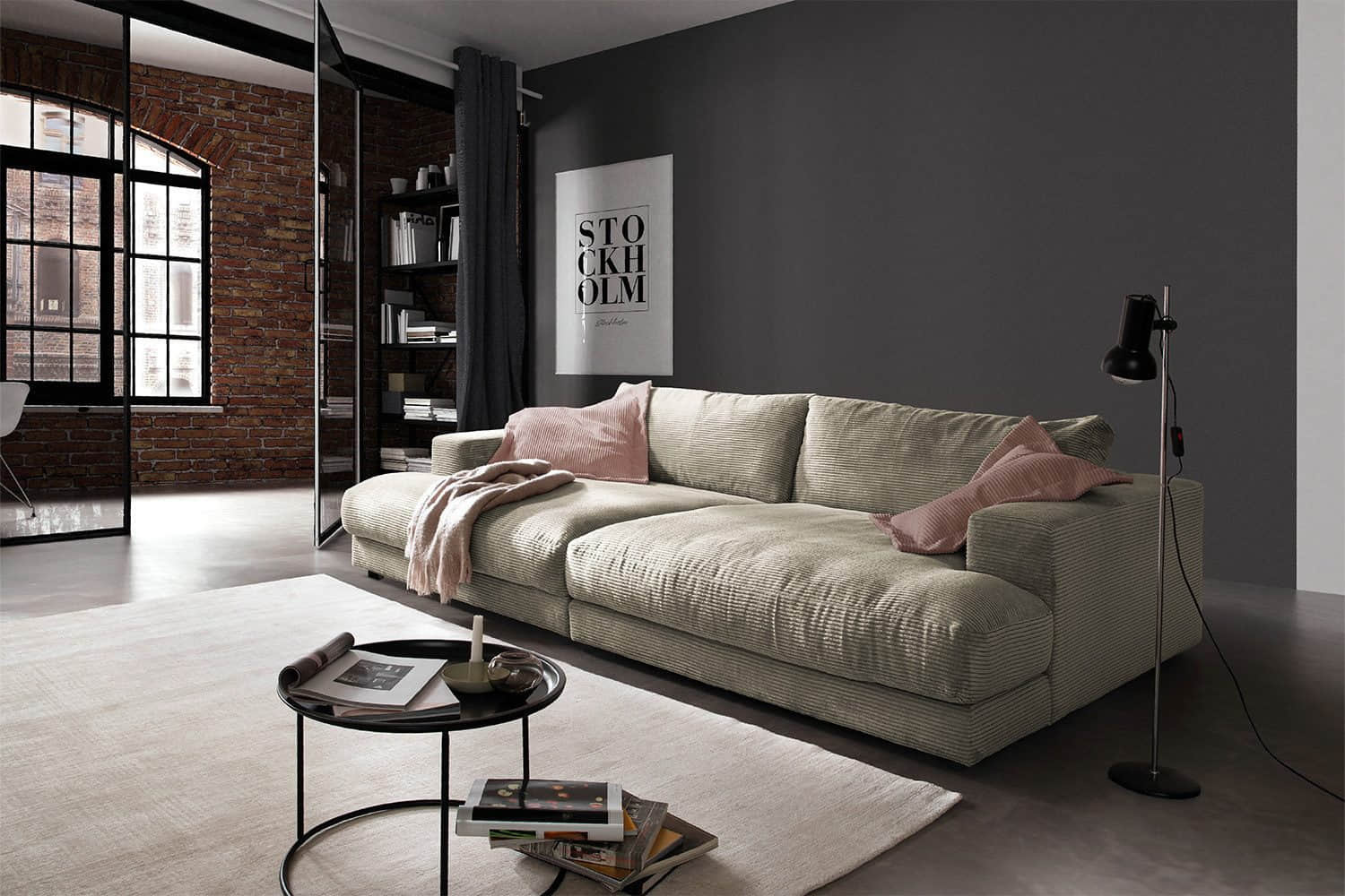 KAWOLA Sofas KAWOLA Big-Sofa MADELINE | XXL Komfortsofa in Cord oder Stoff | 220cm Breite | Relaxfunktion | Für 3-4 Personen steingrau
