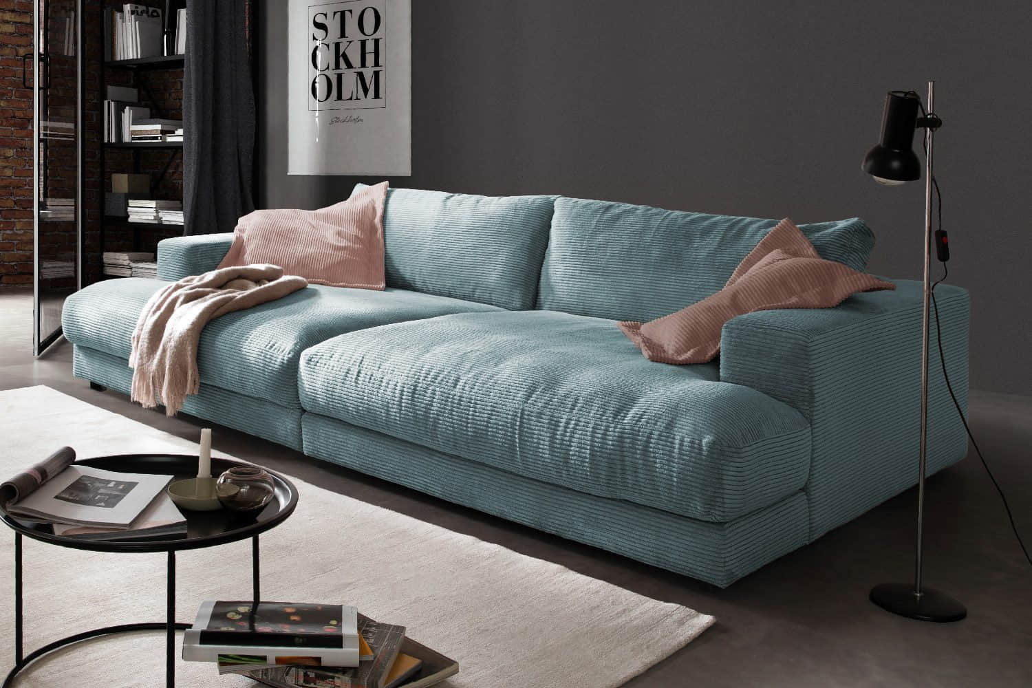 KAWOLA Big-Sofa MADELINE | XXL Komfortsofa in Cord oder Stoff | 220cm Breite | Relaxfunktion | Für 3-4 Personen hellblau KAWOLA Sofas