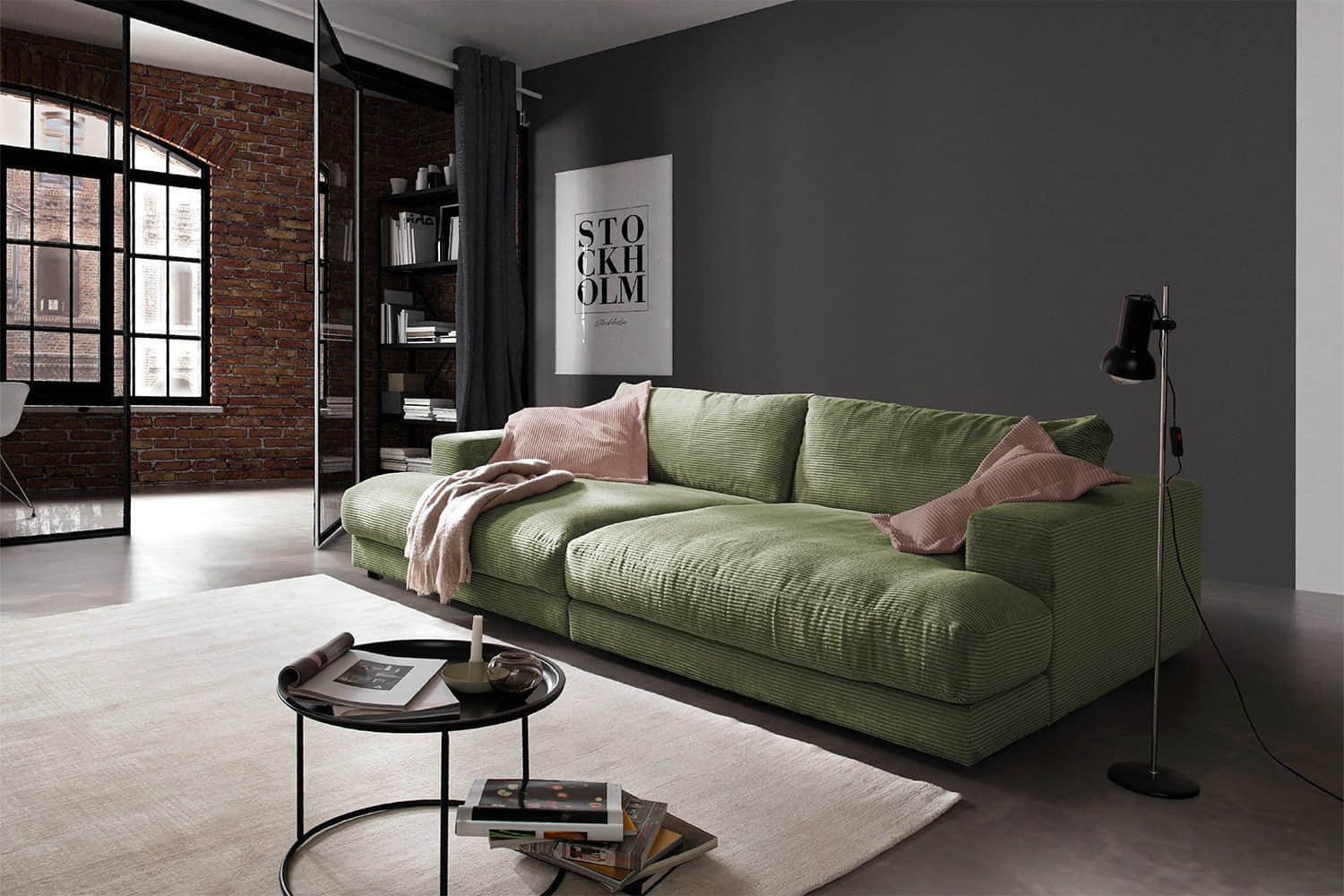 KAWOLA Big-Sofa MADELINE | XXL Komfortsofa in Cord oder Stoff | 220cm Breite | Relaxfunktion | Für 3-4 Personen olivgrün Sofas KAWOLA
