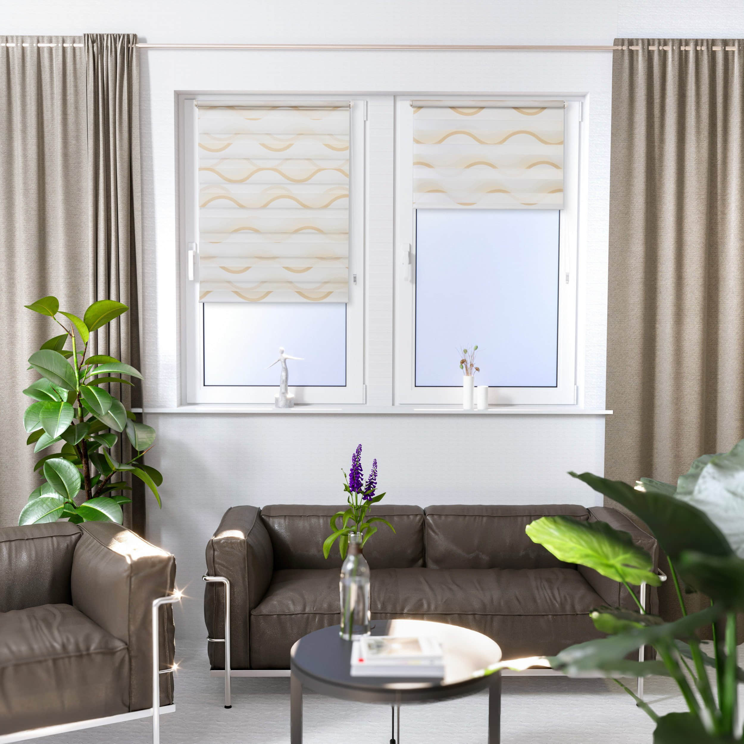 K-HOME Rollos & Plissees K-HOME Doppelrollo »Delphi« – Premium Lichtschutz-Rollo mit Klemmträger-System (ohne Bohren), bedruckt & stufenlos verstellbar | Modernes Design für Fenster Beige