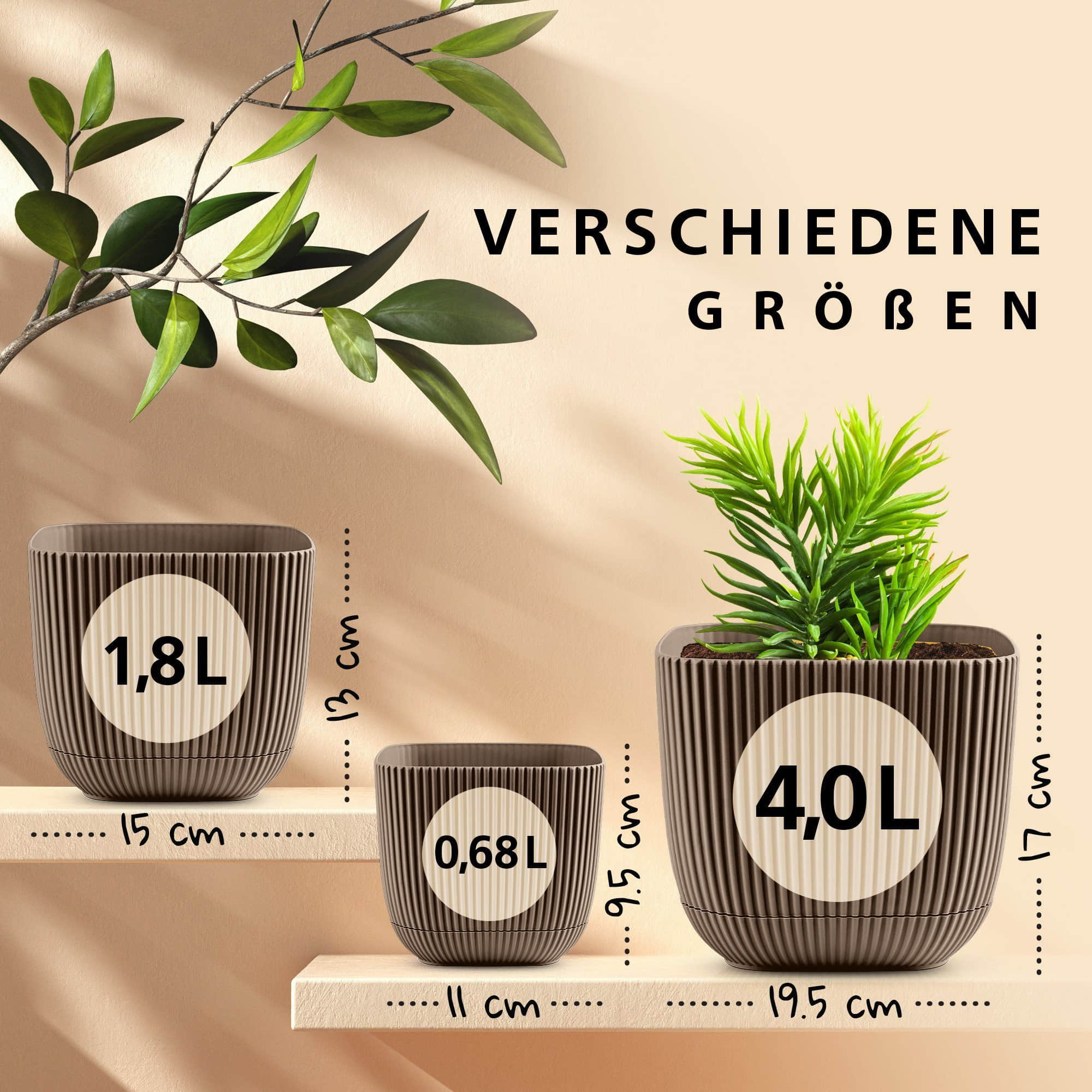 Garten & Balkon Konzept 11 Konzept 11 Premium Blumentopf 2in1 mit Untersetzer | Kunststoff Pflanzkübel (11-19 cm) in 6 Farben | Wetterfest & Bruchsicher Braun
