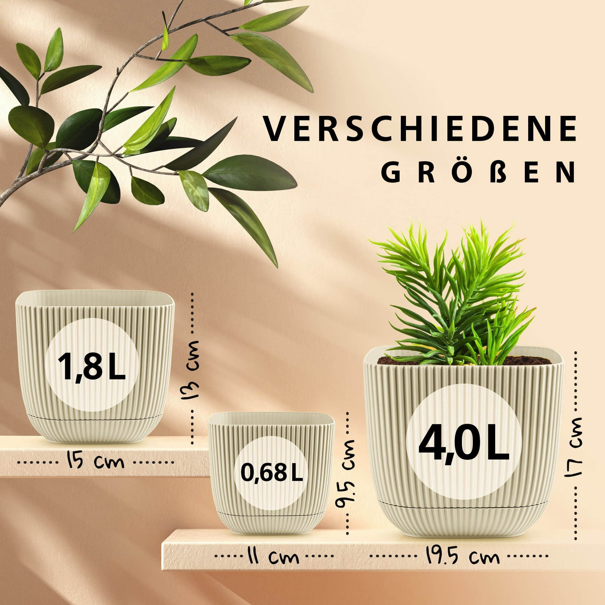 Konzept 11 Konzept 11 Premium Blumentopf 2in1 mit Untersetzer | Kunststoff Pflanzkübel (11-19 cm) in 6 Farben | Wetterfest & Bruchsicher Creme Garten & Balkon