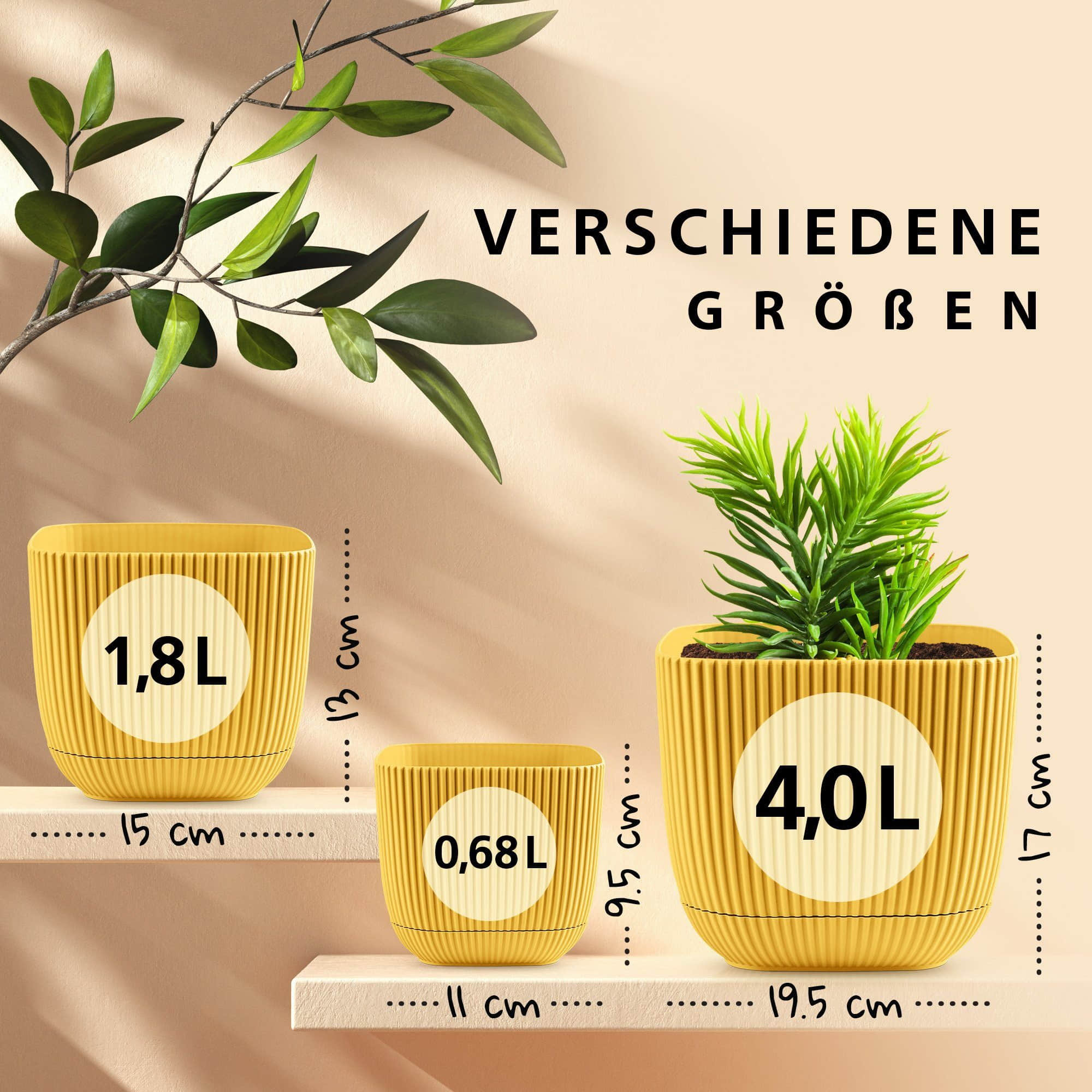 Konzept 11 Garten & Balkon Konzept 11 Premium Blumentopf 2in1 mit Untersetzer | Kunststoff Pflanzkübel (11-19 cm) in 6 Farben | Wetterfest & Bruchsicher Gelb