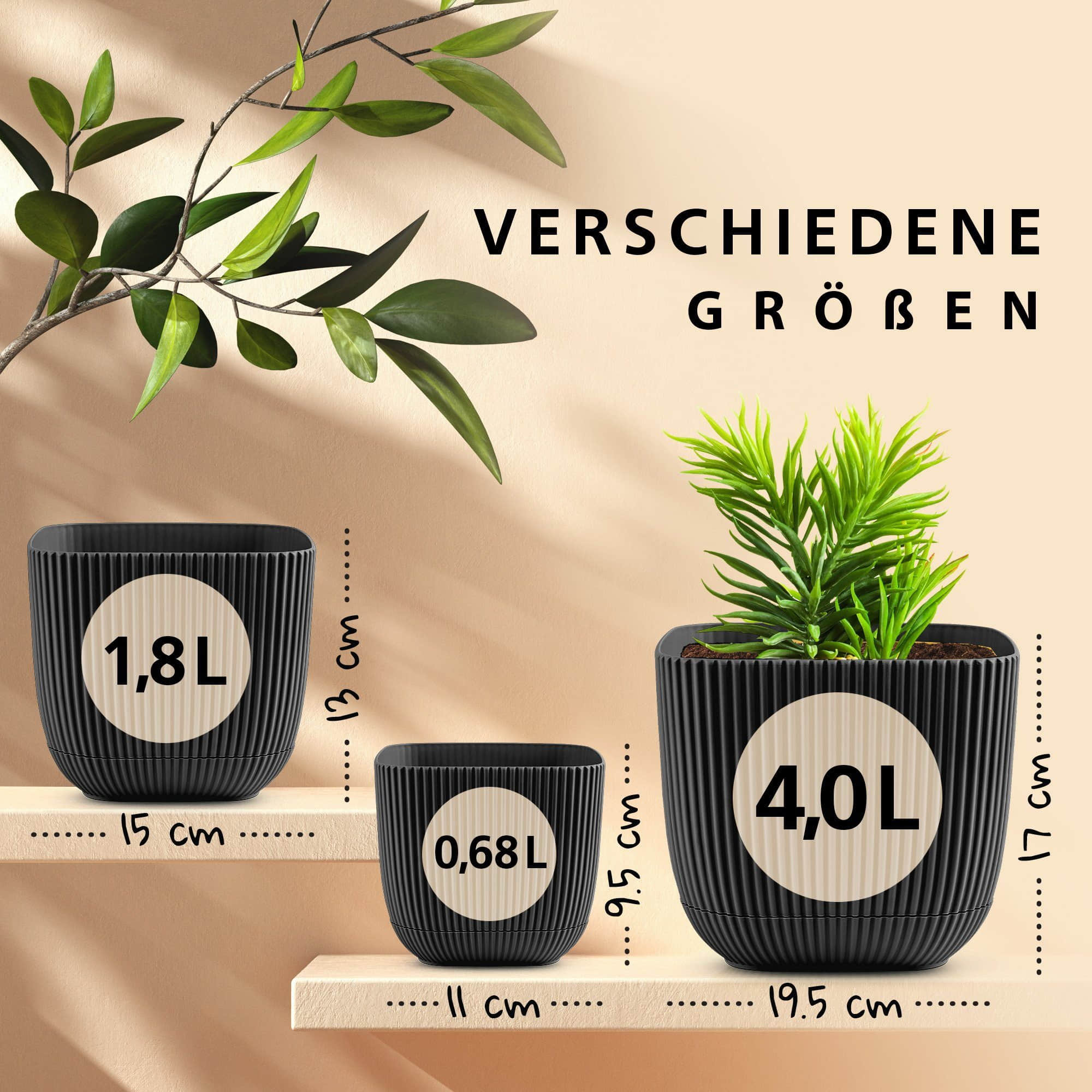 Konzept 11 Garten & Balkon Konzept 11 Premium Blumentopf 2in1 mit Untersetzer | Kunststoff Pflanzkübel (11-19 cm) in 6 Farben | Wetterfest & Bruchsicher Grau