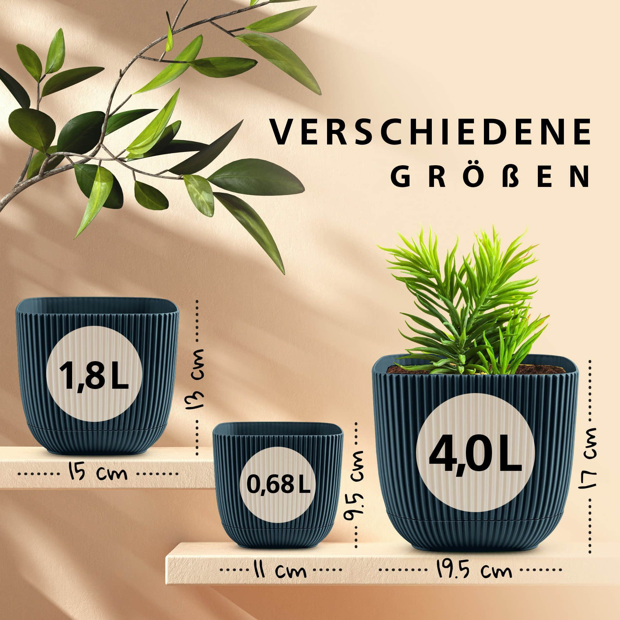 Garten & Balkon Konzept 11 Konzept 11 Premium Blumentopf 2in1 mit Untersetzer | Kunststoff Pflanzkübel (11-19 cm) in 6 Farben | Wetterfest & Bruchsicher Blau