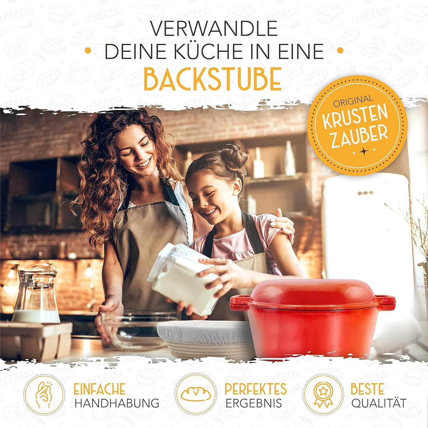 Krustenzauber Krustenzauber Professional Enameled Cast Iron Bread Baker Set - 26cm Pot with Rattan Proofing Basket for Perfect Homemade Sourdough & Artisan Loaves Rot (2in1) Koch- & Backzubehör