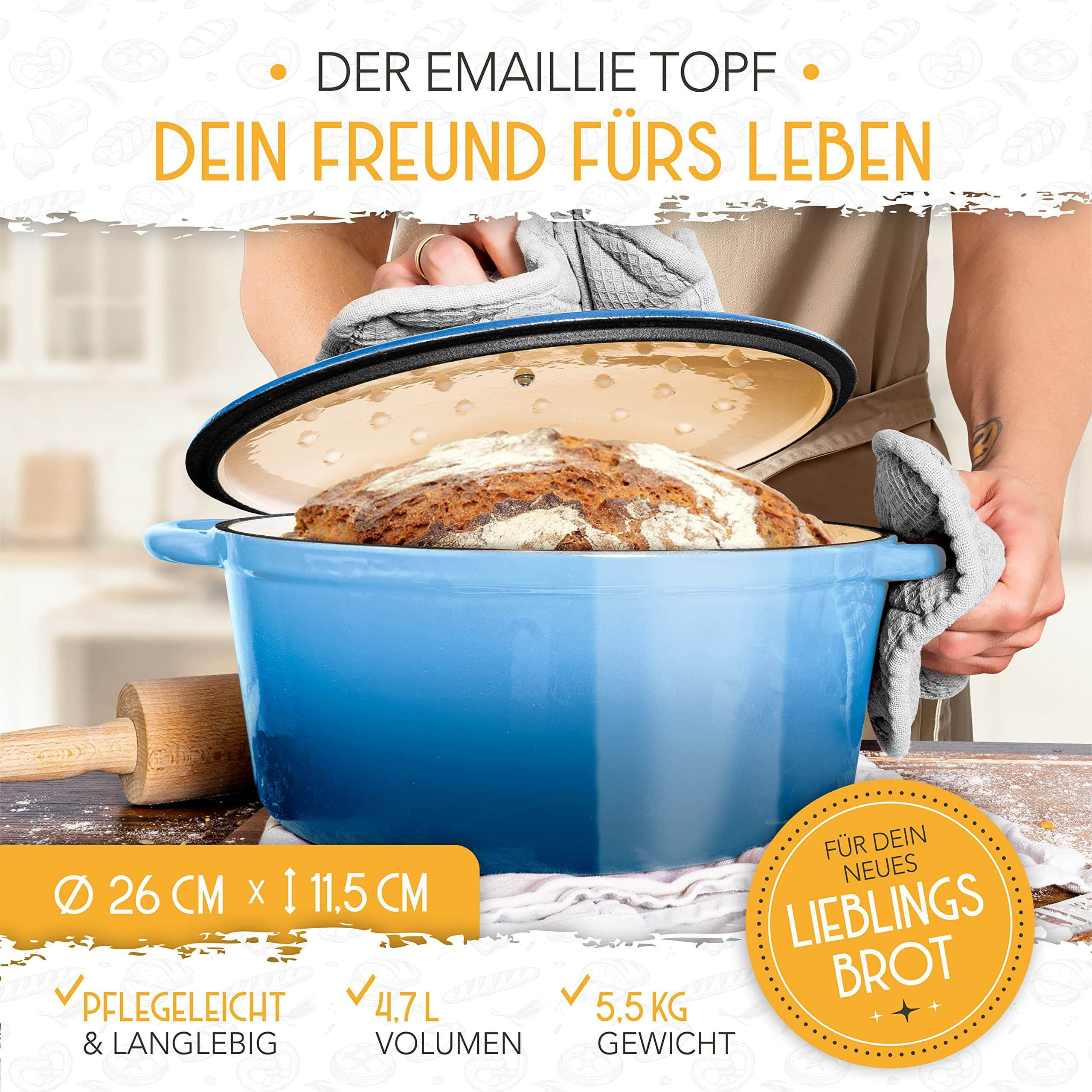 Krustenzauber Professional Enameled Cast Iron Bread Baker Set - 26cm Pot with Rattan Proofing Basket for Perfect Homemade Sourdough & Artisan Loaves Blau Krustenzauber Koch- & Backzubehör
