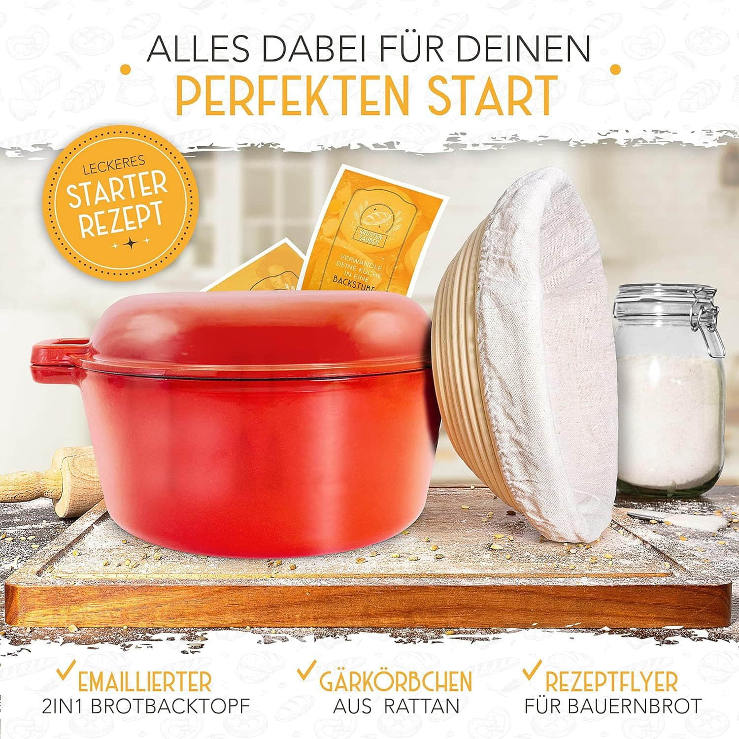Krustenzauber Krustenzauber Professional Enameled Cast Iron Bread Baker Set - 26cm Pot with Rattan Proofing Basket for Perfect Homemade Sourdough & Artisan Loaves Rot (2in1) Koch- & Backzubehör