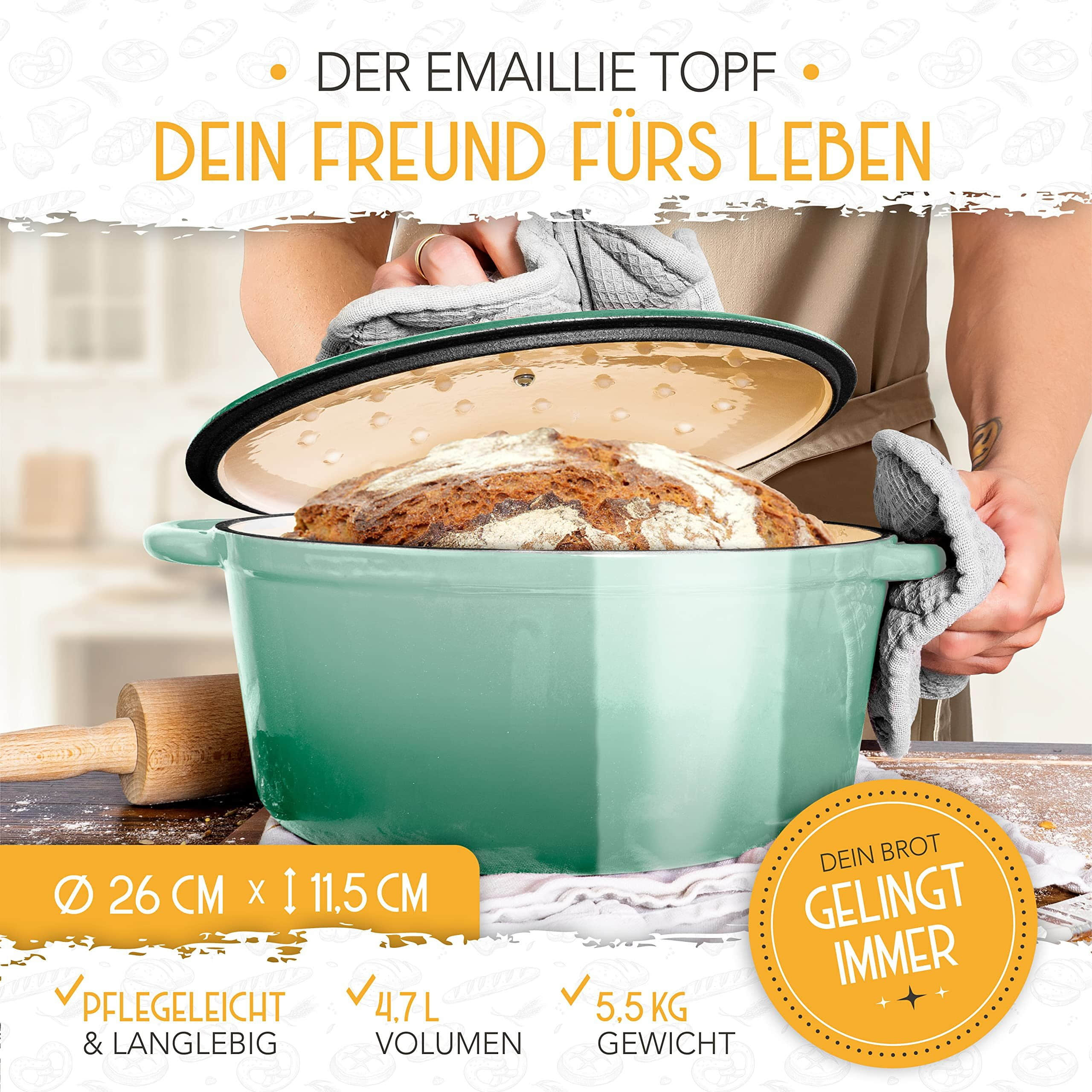 Krustenzauber Koch- & Backzubehör Krustenzauber Professional Enameled Cast Iron Bread Baker Set - 26cm Pot with Rattan Proofing Basket for Perfect Homemade Sourdough & Artisan Loaves Mintgrün