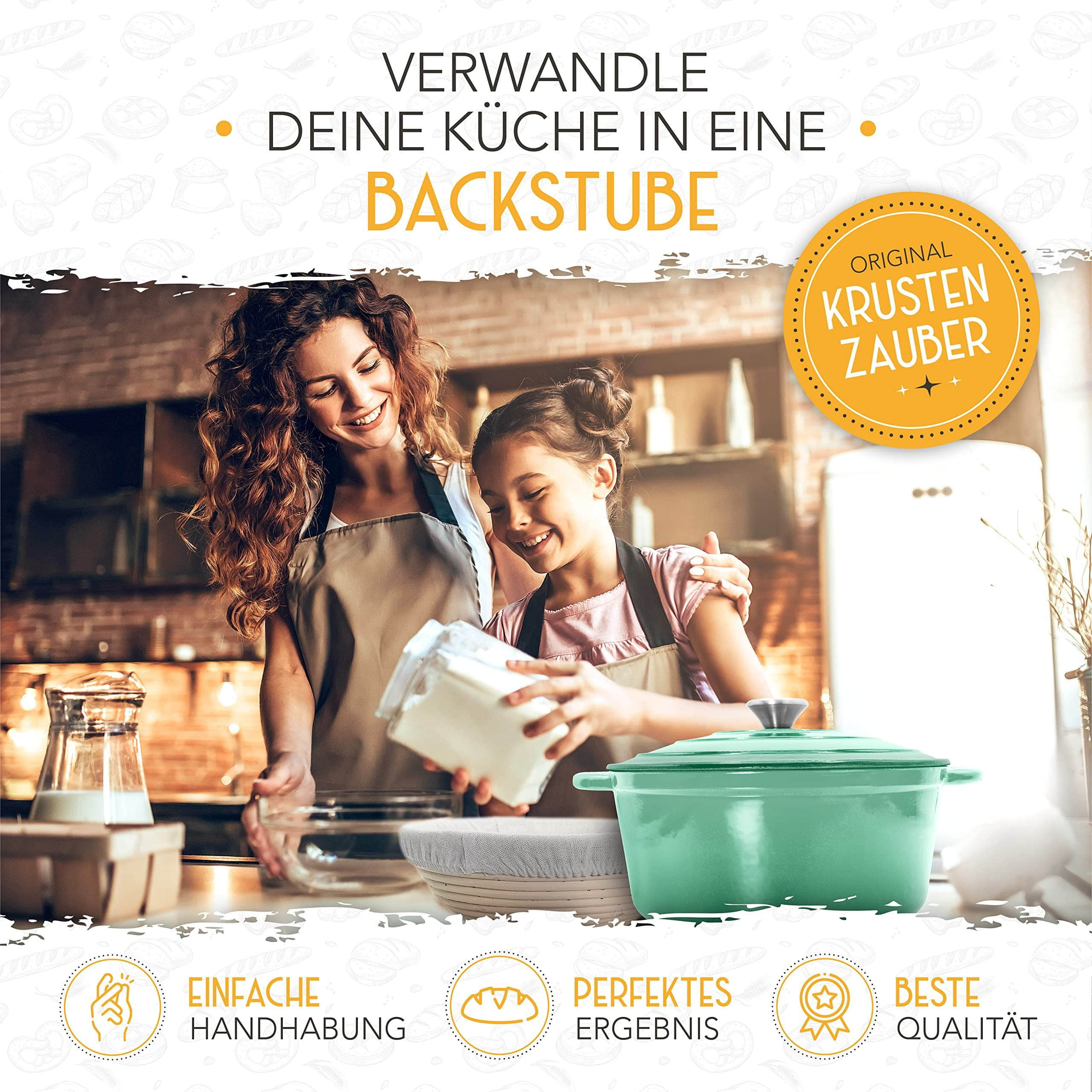 Krustenzauber Koch- & Backzubehör Krustenzauber Professional Enameled Cast Iron Bread Baker Set - 26cm Pot with Rattan Proofing Basket for Perfect Homemade Sourdough & Artisan Loaves Mintgrün