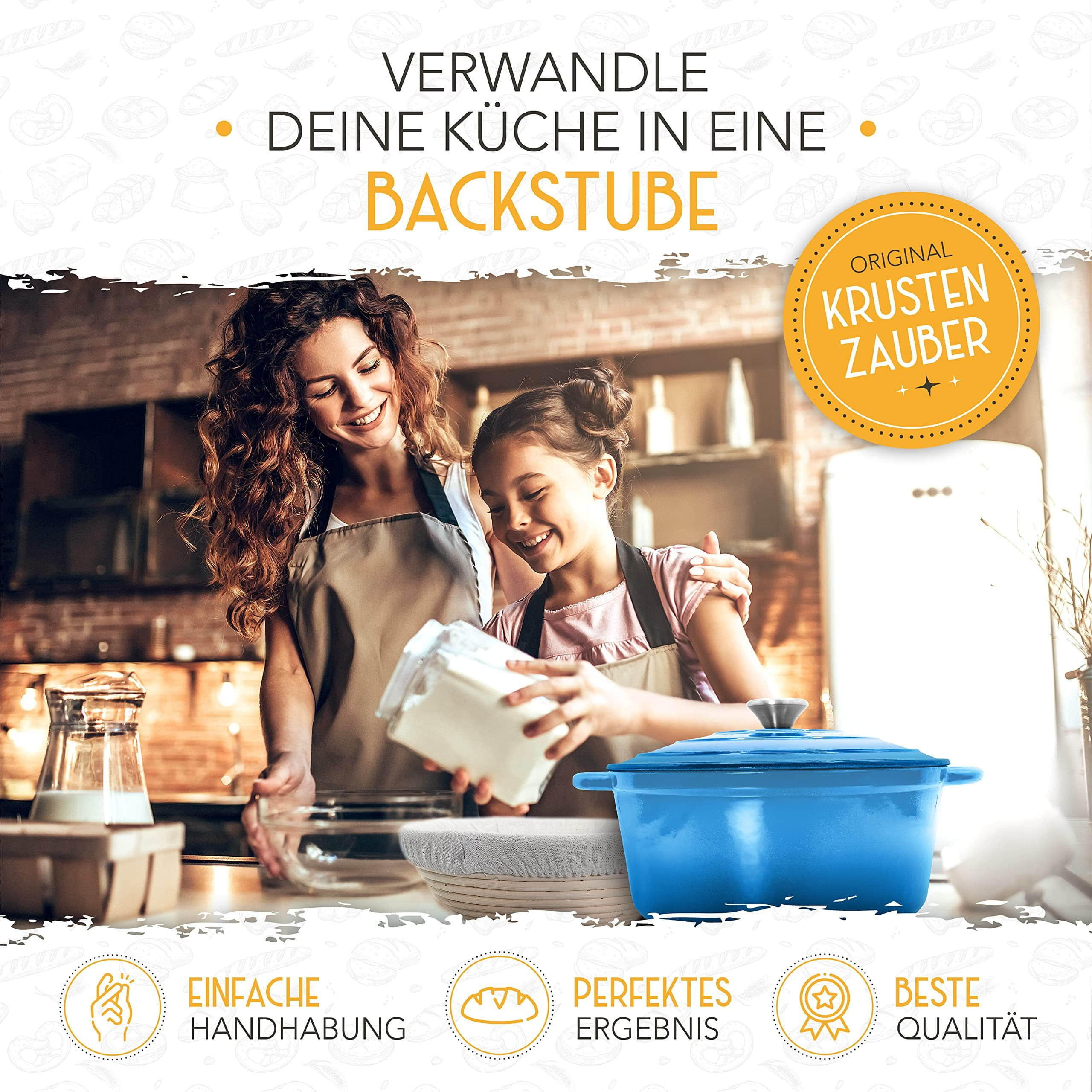 Krustenzauber Professional Enameled Cast Iron Bread Baker Set - 26cm Pot with Rattan Proofing Basket for Perfect Homemade Sourdough & Artisan Loaves Blau Krustenzauber Koch- & Backzubehör