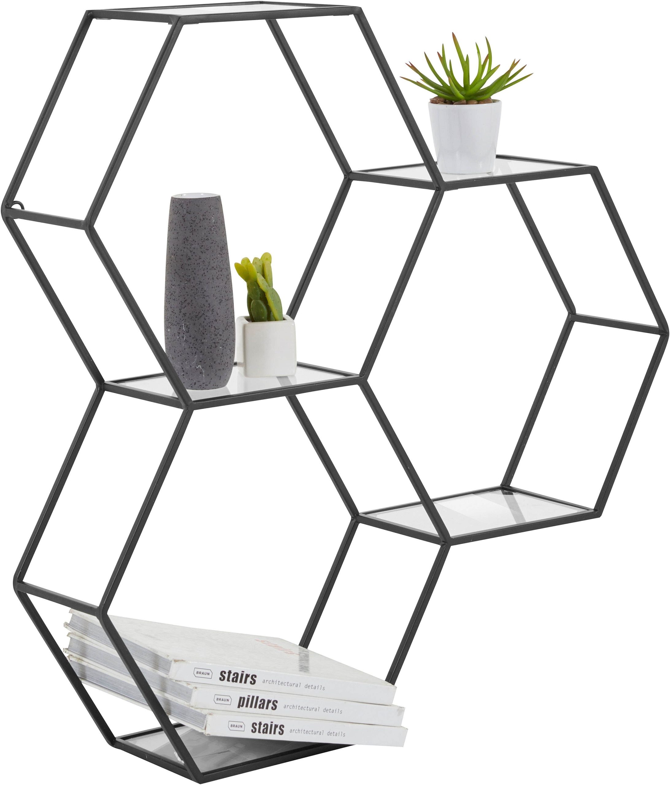 Leonique Leonique Lenia Wandregal Octagon - Elegantes schwarzes Metallregal mit 6 Glasböden (72 cm) - Modernes Deko-Wandregal für Wohnzimmer & Flur schwarz Regale
