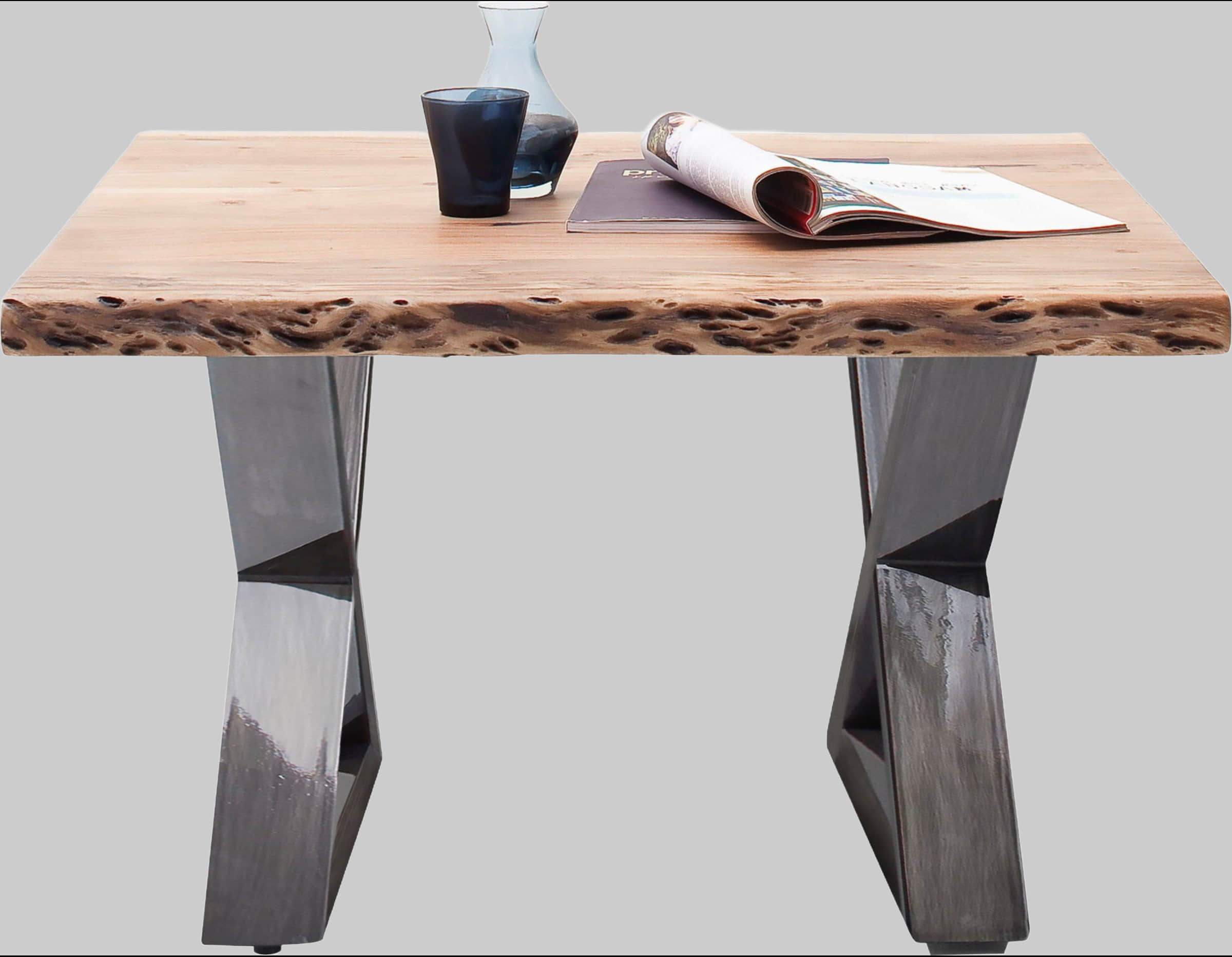 MCA furniture Tische MCA furniture Couchtisch »Cartagena« - Massivholz Akazie mit Baumkante | Natürliche Risse & Löcher | Rustikales Design | X-Metallgestell Natur
