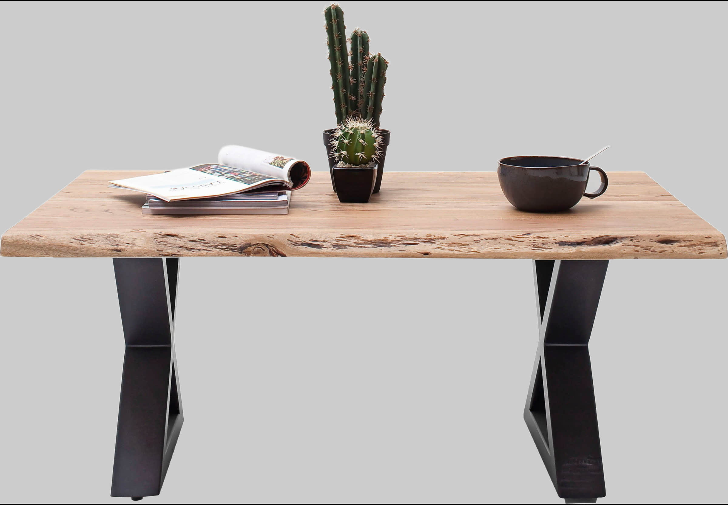 MCA furniture Couchtisch »Cartagena« - Massivholz Akazie mit Baumkante | Natürliche Risse & Löcher | Rustikales Design | X-Metallgestell Natur Tische MCA furniture
