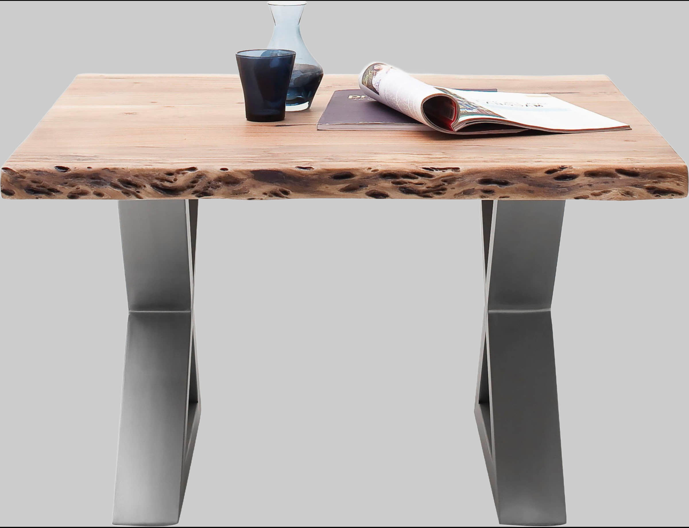 MCA furniture Couchtisch »Cartagena« - Massivholz Akazie mit Baumkante | Natürliche Risse & Löcher | Rustikales Design | X-Metallgestell Natur Tische MCA furniture