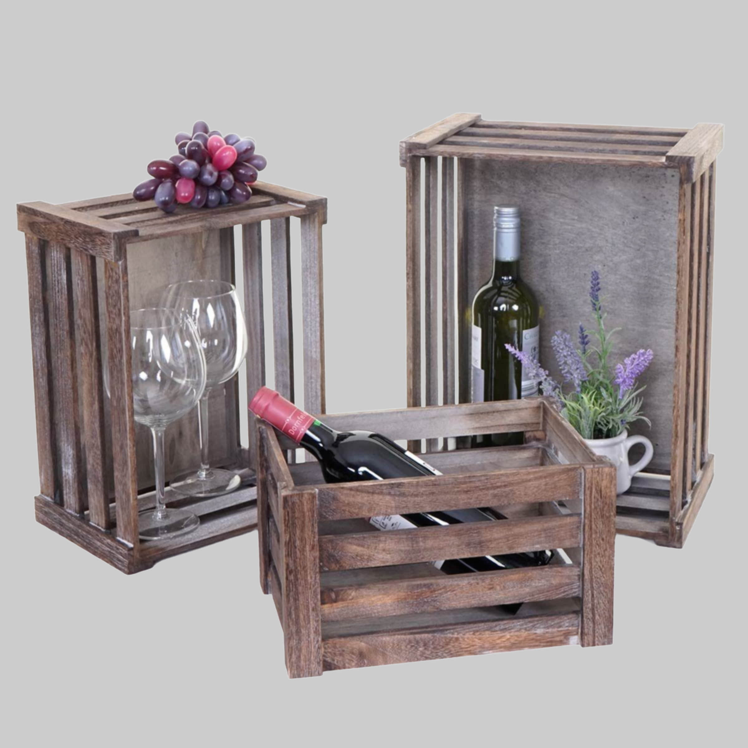 MCW Aufbewahrung MCW Holzkiste MCW-C56 3er-Set - Vintage Shabby-Chic Wooden Crates (3 Sizes) - Stackable Decorative Storage Boxes for Home & Wine braun-shabby