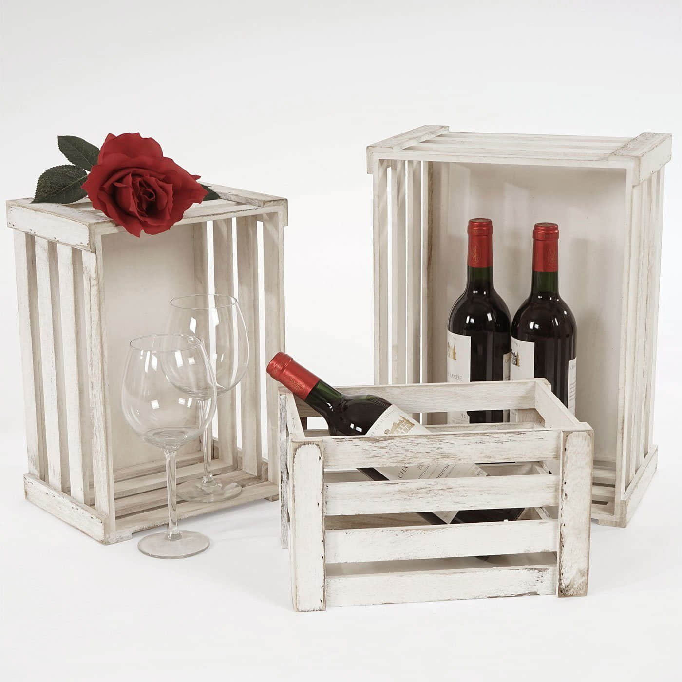 Aufbewahrung MCW MCW Holzkiste MCW-C56 3er-Set - Vintage Shabby-Chic Wooden Crates (3 Sizes) - Stackable Decorative Storage Boxes for Home & Wine weiß-shabby