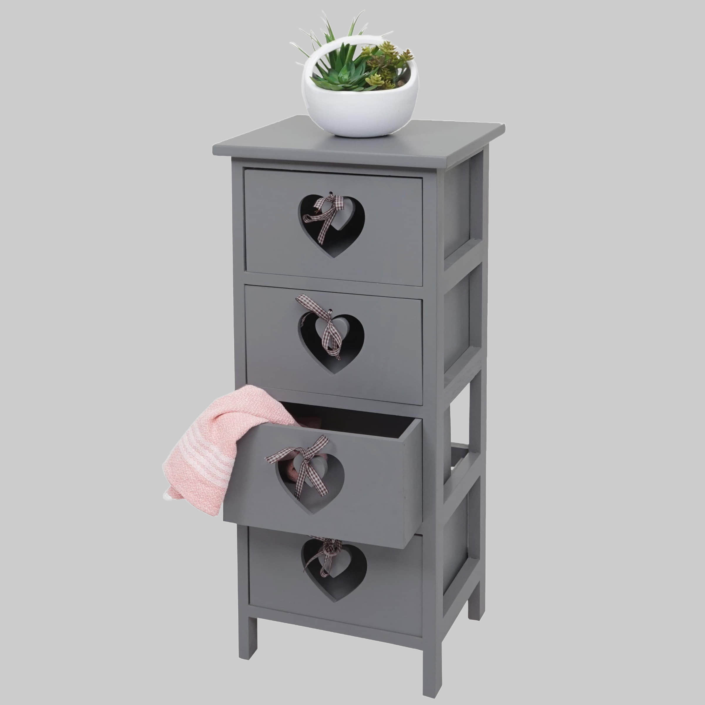 MCW Kommode Sues Shabby-Look Vintage | 4 Schubladen aus Paulowniaholz | 66x37x27cm | Grau-Blau mit Herzornamenten grau-blau Kommoden & Sideboards MCW