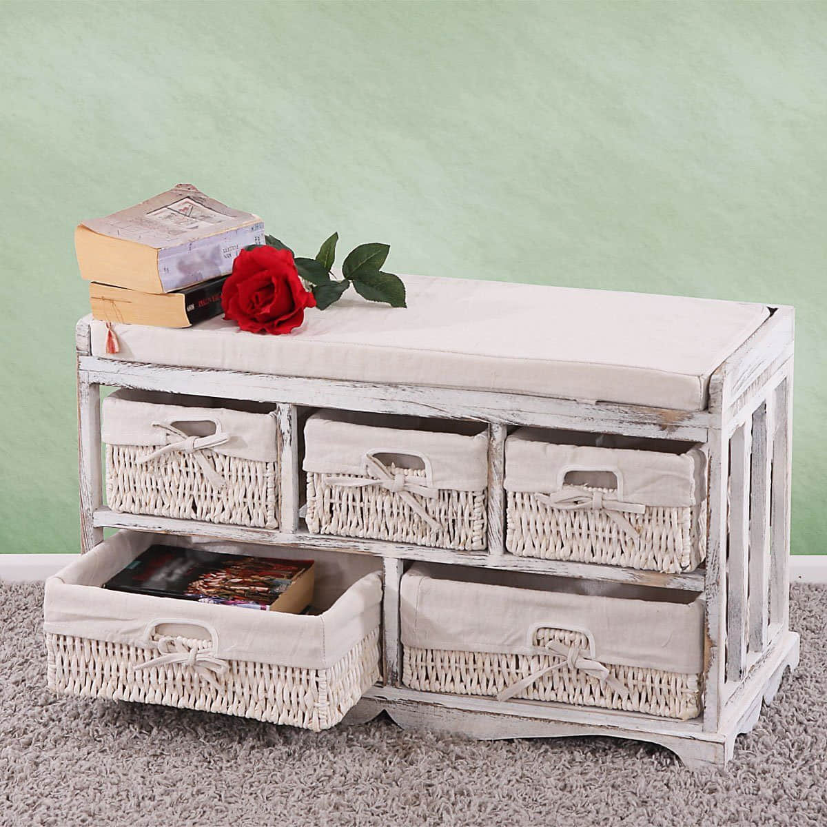 MCW Kommoden & Sideboards MCW Kommode T35-K | Shabby-Chic Schubladenkommode mit 5 Schubladen & Sitzpolster | Massivholz | Vintage-Design (120x85x45 cm) weiß-beige