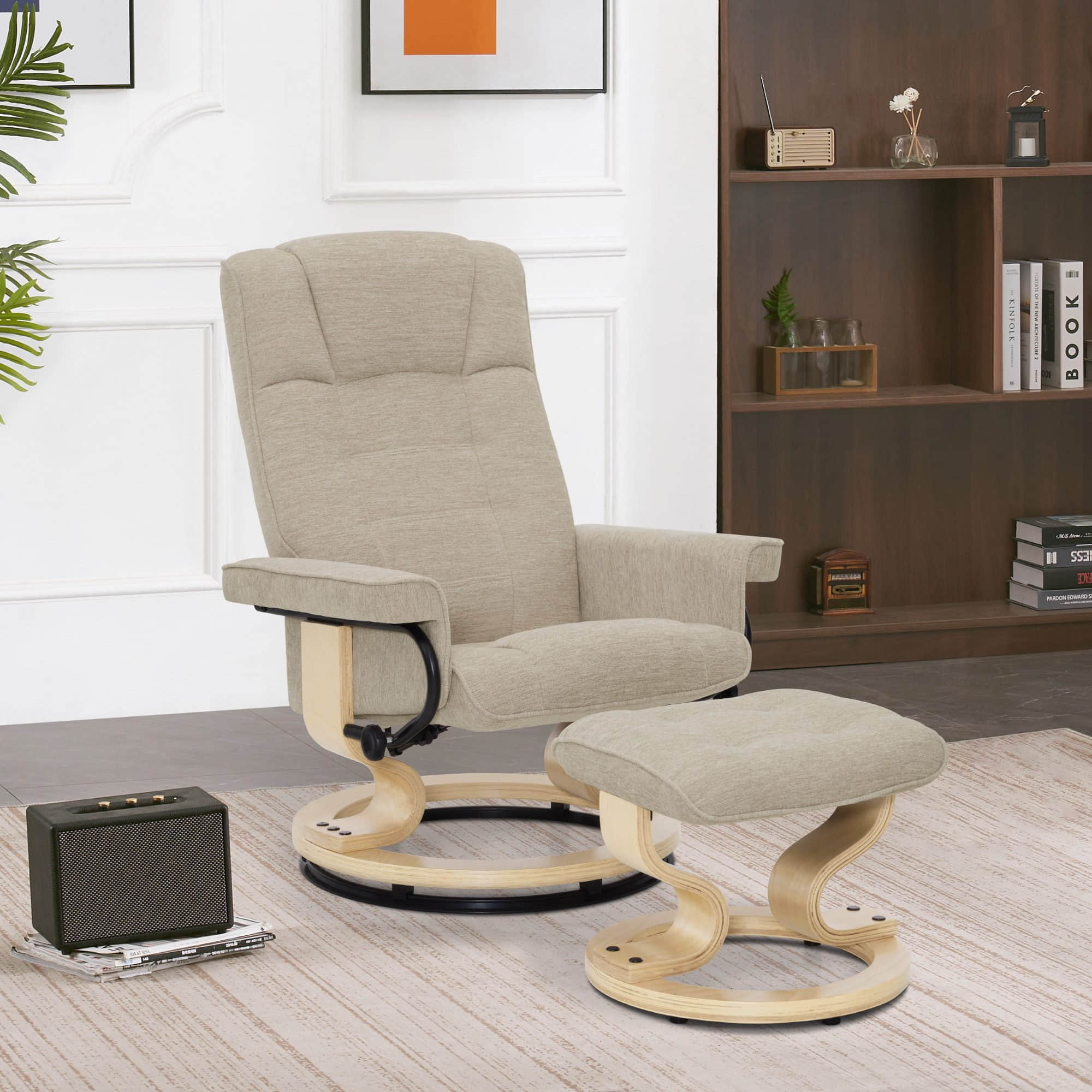 MCombo Premium Relaxsessel mit Hocker 9019 - Ergonomischer Fernsehsessel mit Relaxfunktion in Schwarz-Kunstleder | Inkl. Fußhocker für maximalen Komfort Beige-Stoff MCombo Sessel