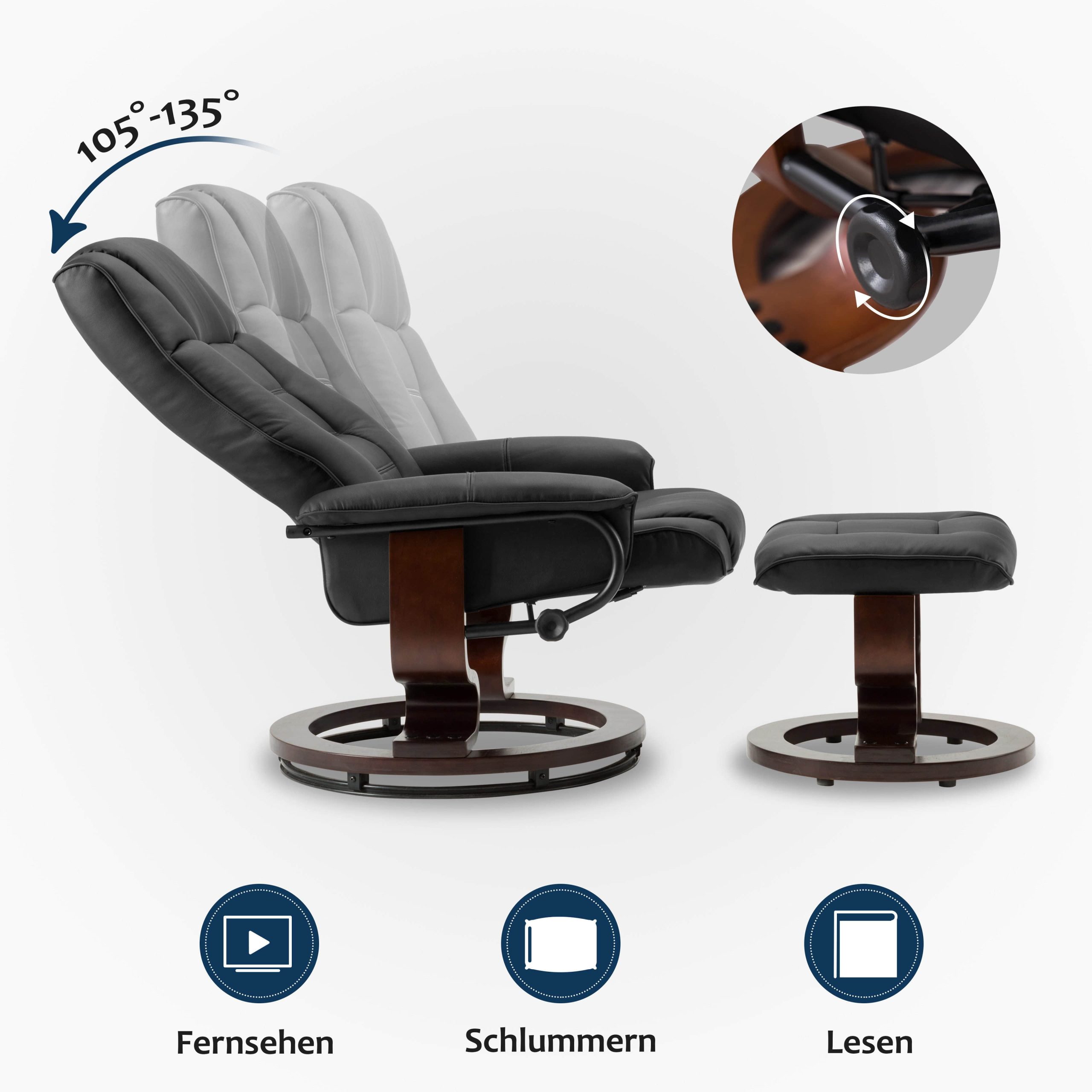 MCombo MCombo Premium Relaxsessel mit Hocker 9019 - Ergonomischer Fernsehsessel mit Relaxfunktion in Schwarz-Kunstleder | Inkl. Fußhocker für maximalen Komfort Schwarz-Ku Sessel