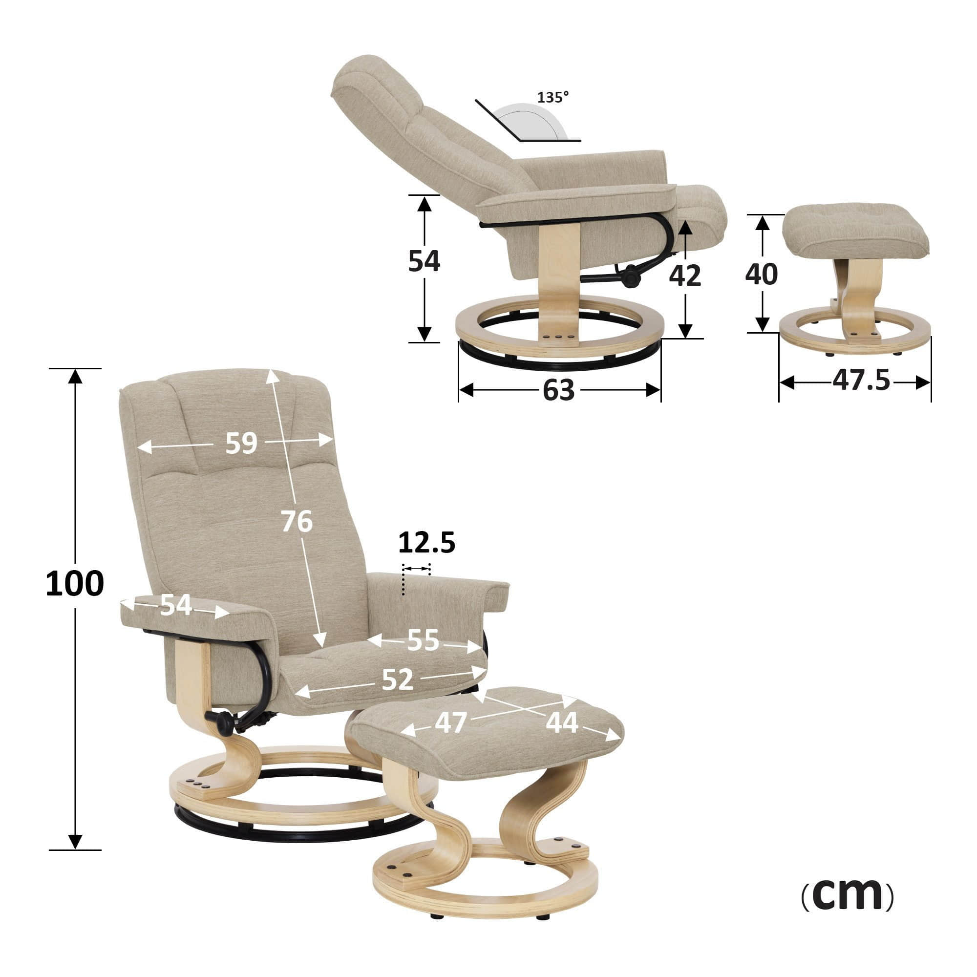 MCombo Premium Relaxsessel mit Hocker 9019 - Ergonomischer Fernsehsessel mit Relaxfunktion in Schwarz-Kunstleder | Inkl. Fußhocker für maximalen Komfort Beige-Stoff MCombo Sessel